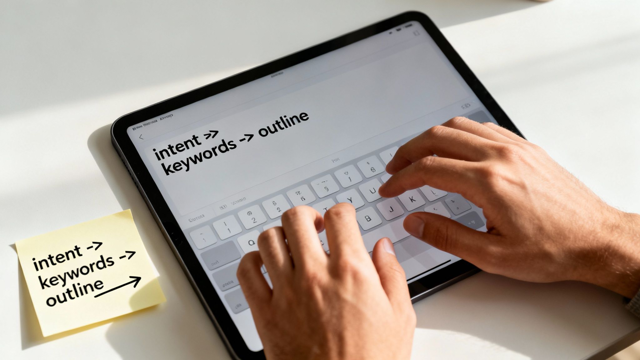 Person typing on a tablet, showing a 'intent -> keywords -> outline' workflow on screen and sticky note.