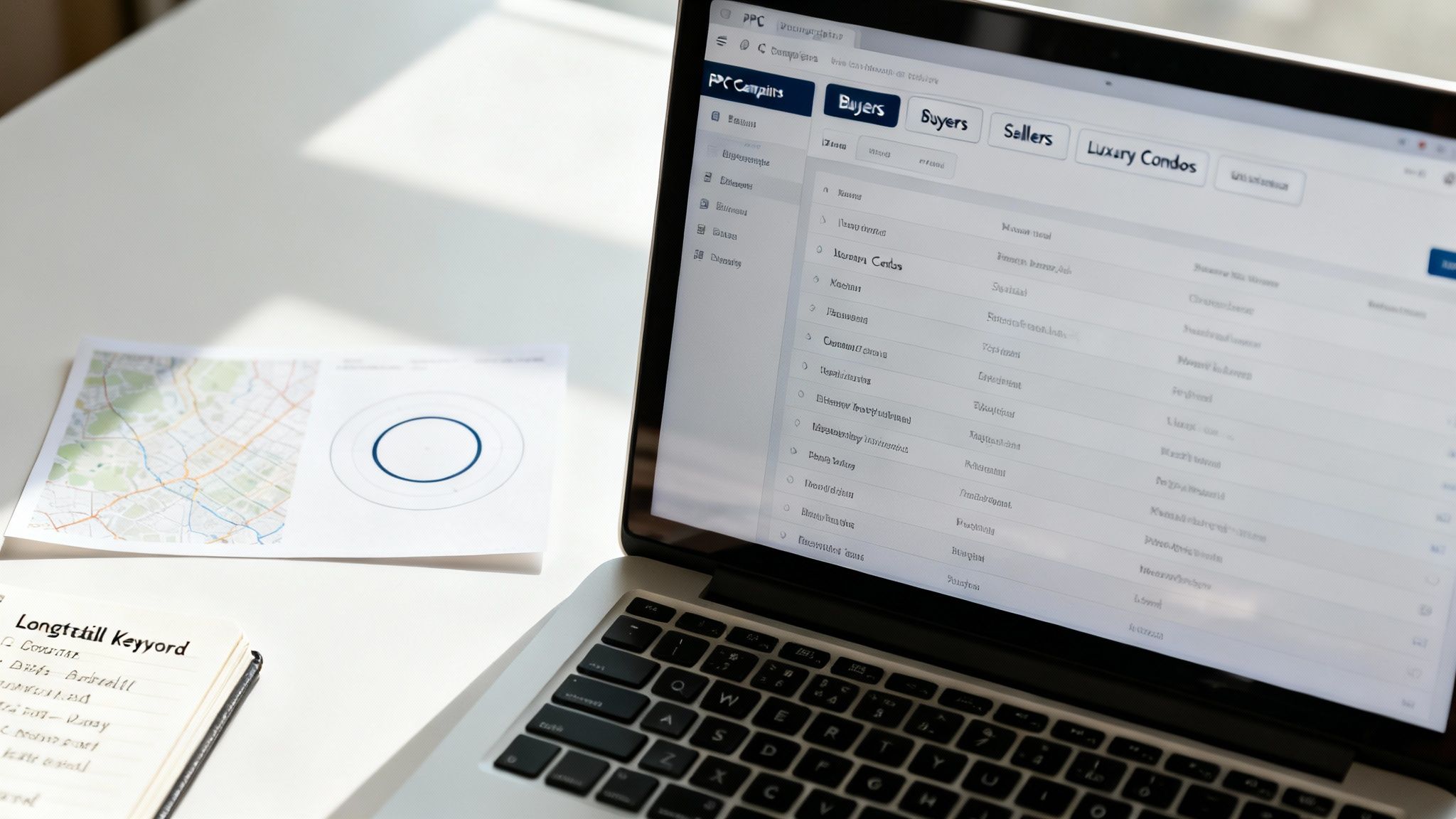 Laptop displaying a real estate PPC campaign dashboard, beside a map and 'Longtail Keyword' notebook.