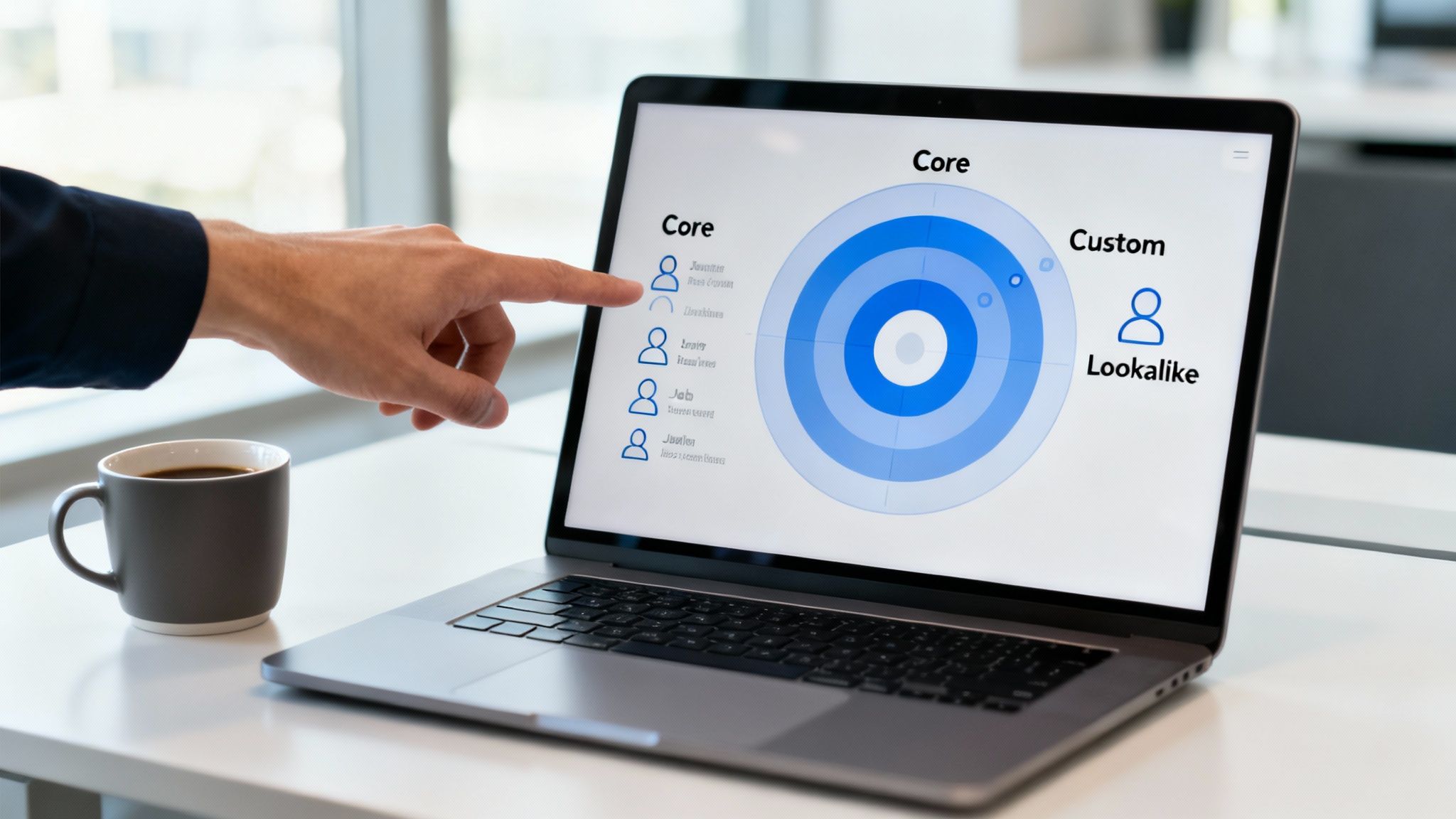 Person pointing at a laptop screen showing lead generation audience segmentation with core, custom, and lookalike categories.