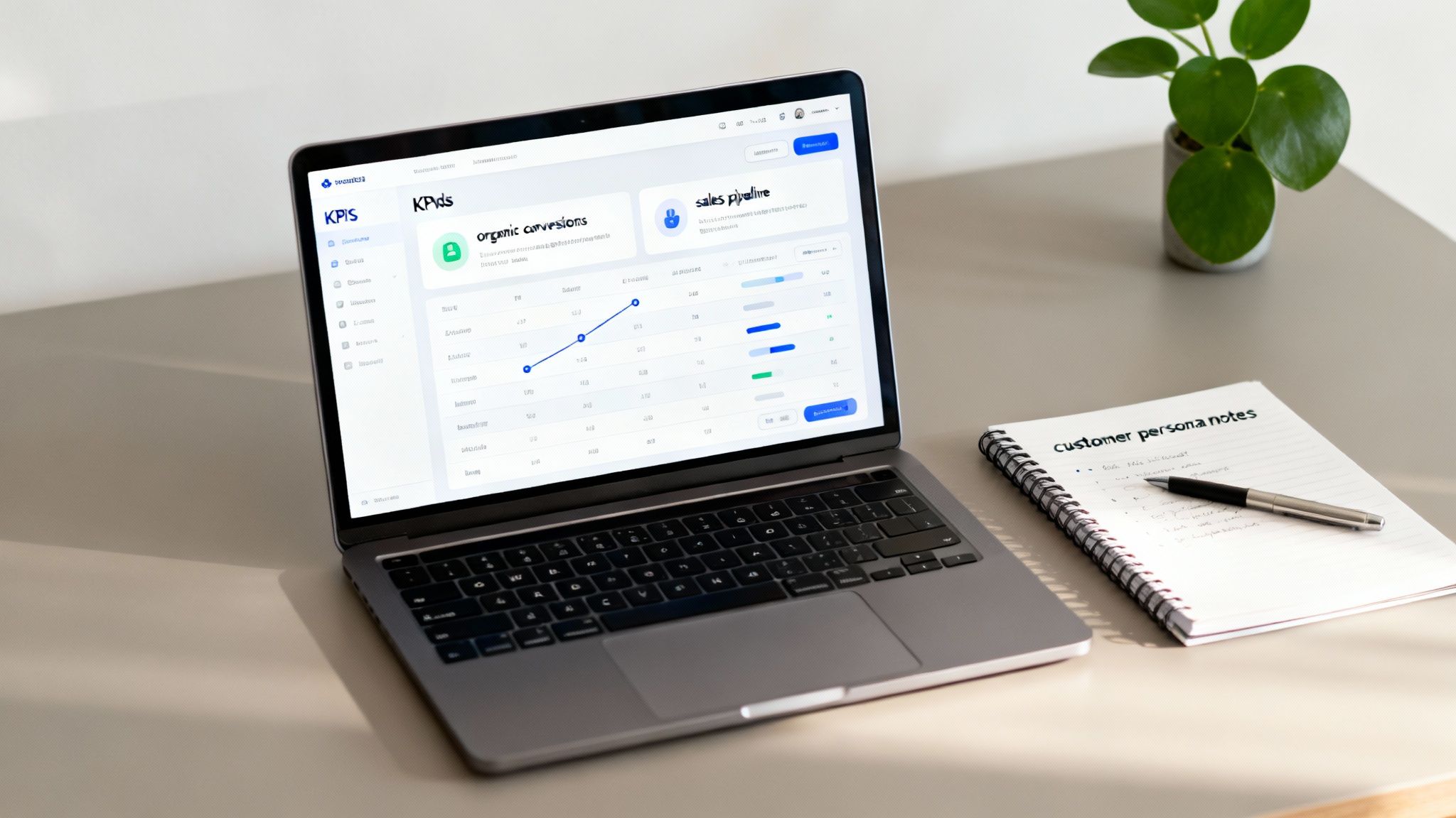 Laptop displaying KPIs dashboard with organic conversions and sales pipeline analytics graphs on desk
