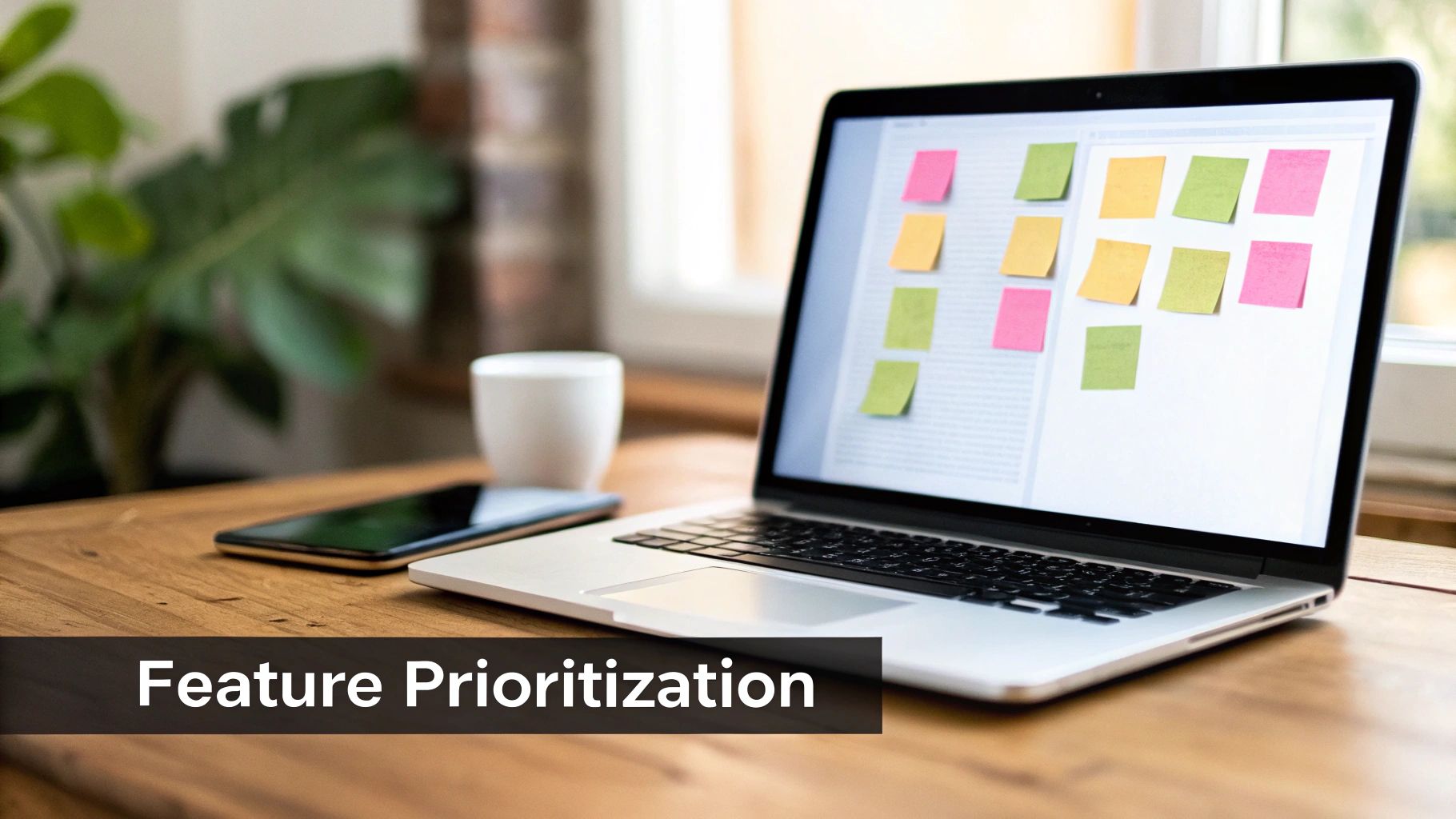 A laptop displaying digital sticky notes for feature prioritization on a wooden desk with a phone and cup.
