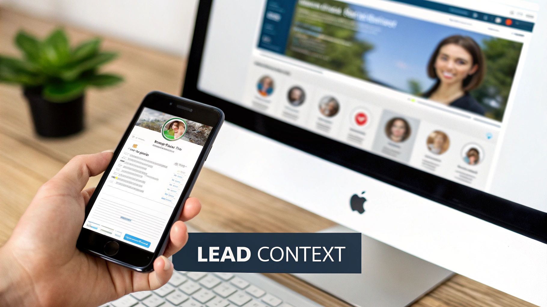 A hand holds a smartphone displaying a profile, with a desktop monitor in the background showing a similar professional network page, labeled “LEAD CONTEXT.”