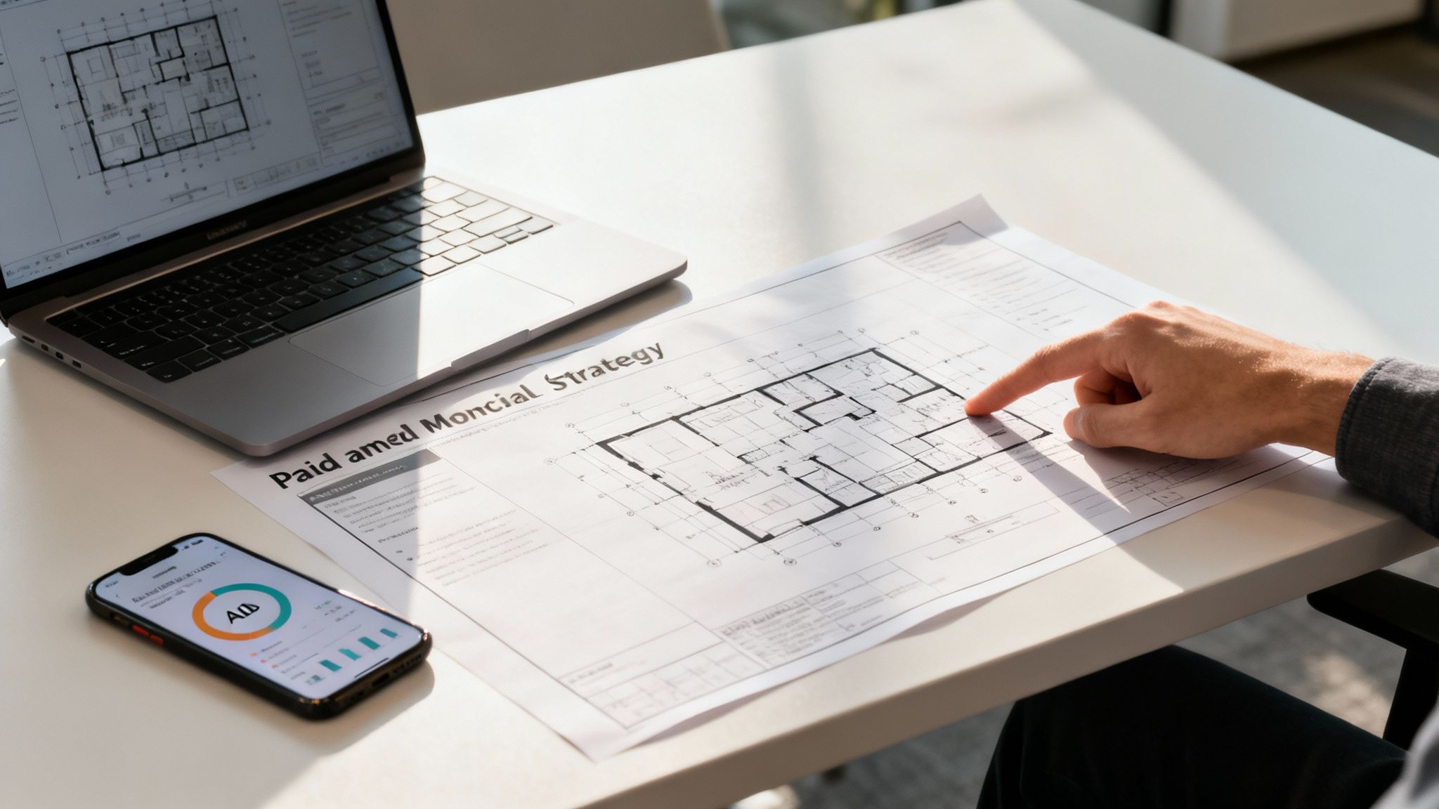 Architect or designer pointing at architectural blueprints on a desk with a laptop and smartphone.