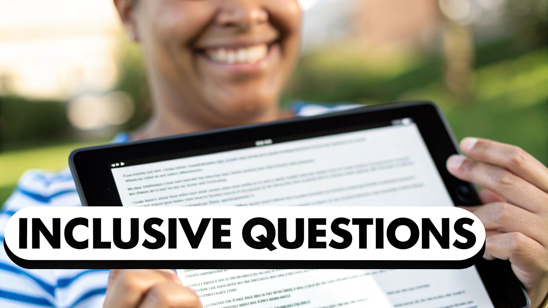 Close-up of a smiling person happily reading "INCLUSIVE QUESTIONS" on a tablet outdoors.