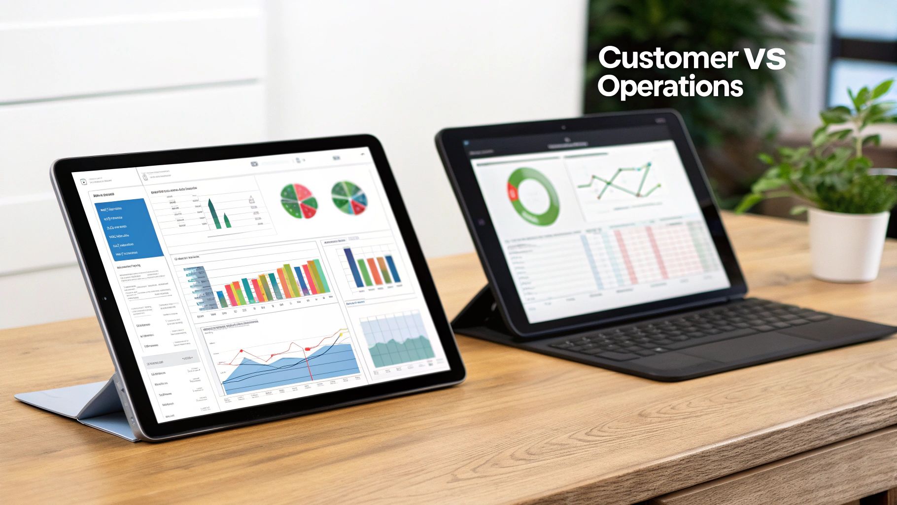 Two tablets on a wooden desk displaying business analytics dashboards with charts and graphs.
