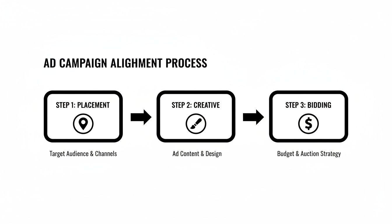 Flowchart outlining the ad campaign alignment process: placement, creative, and bidding steps with descriptions.