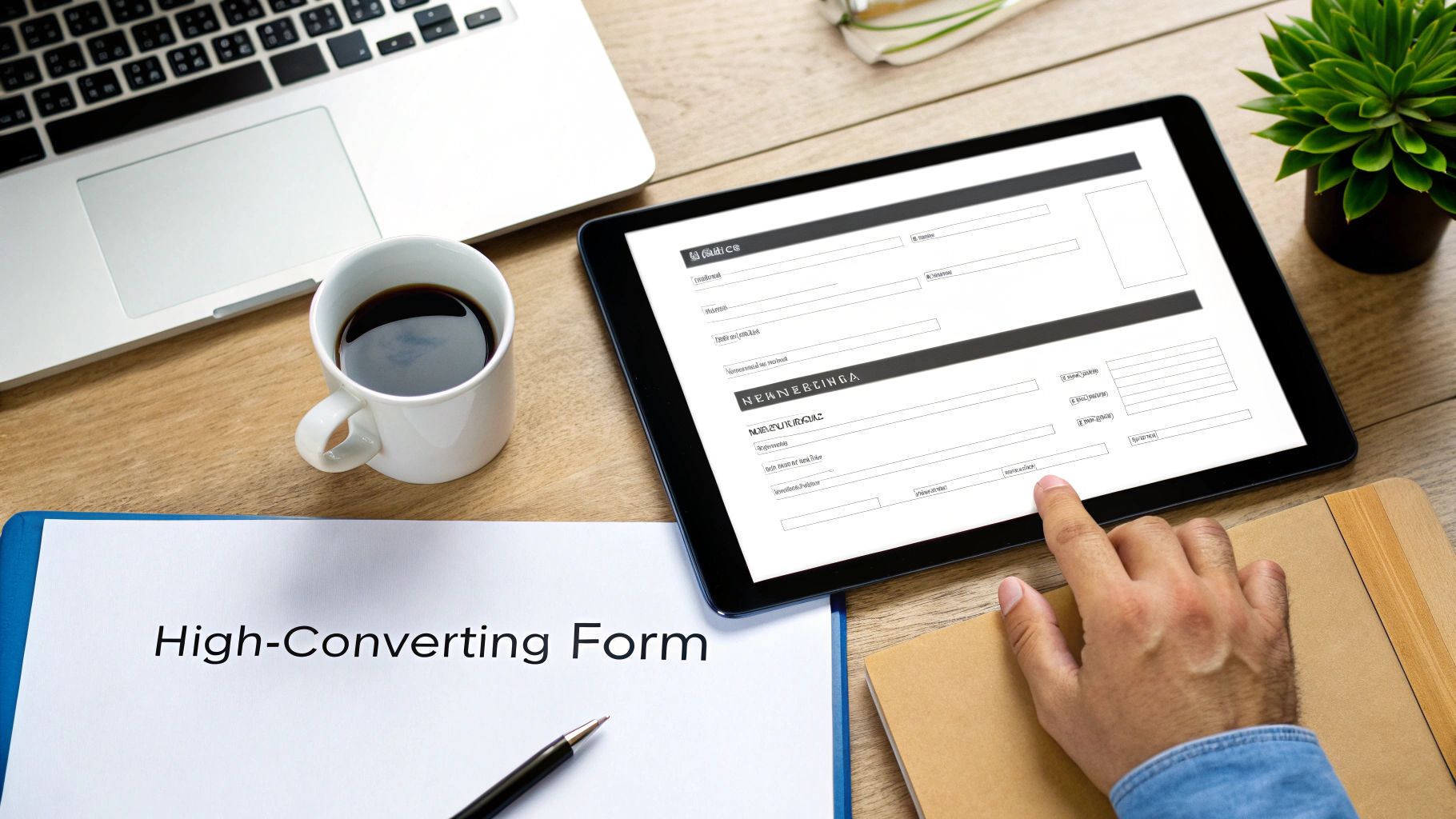 A person's hand interacts with a digital form on a tablet, next to a laptop, coffee, and a document labeled 'High-Converting Form'.
