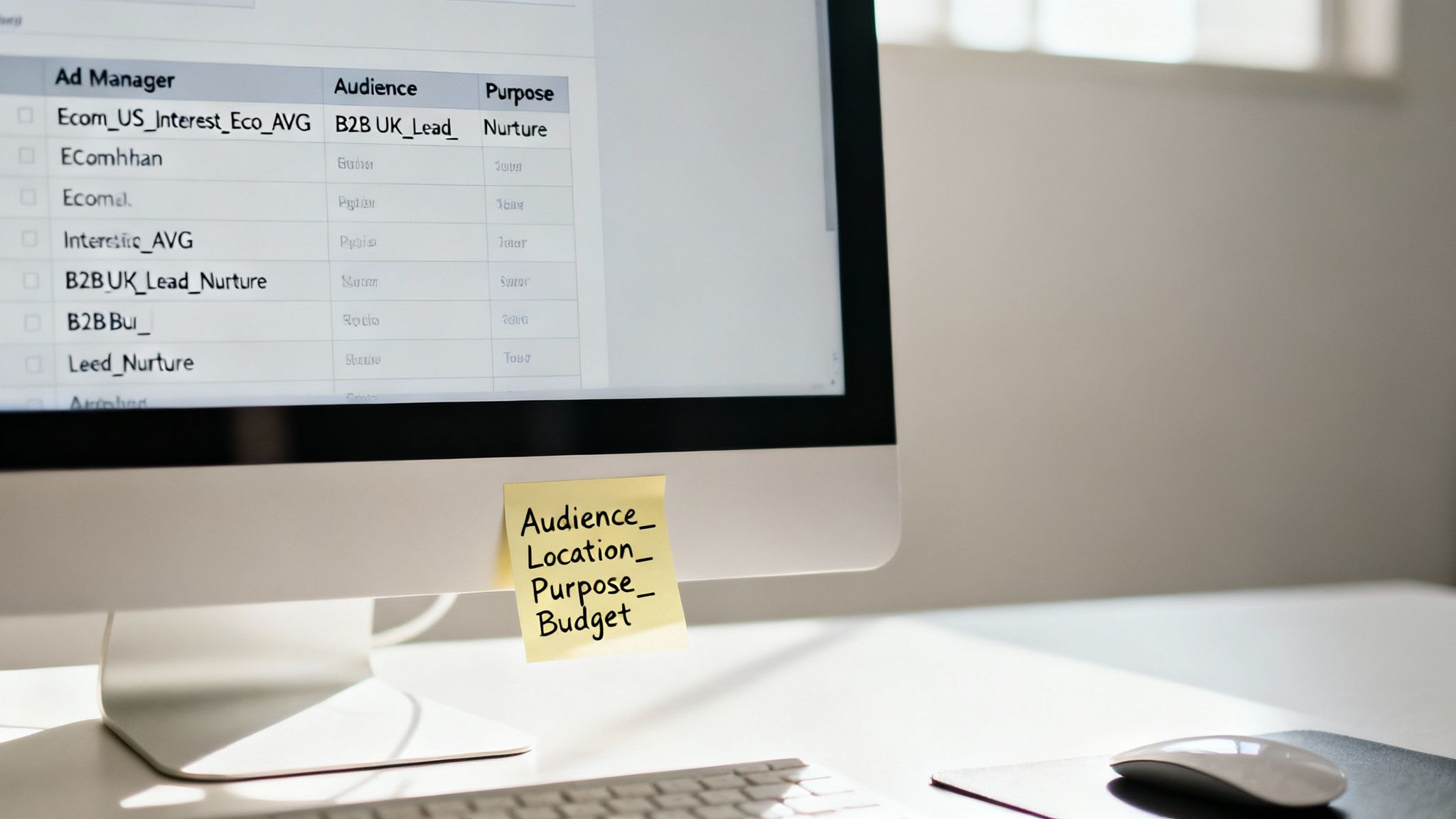 Close-up of a computer screen showing an ad manager with audience and purpose columns, plus a planning sticky note.