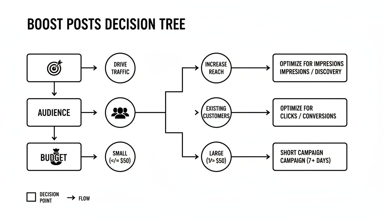 A decision tree diagram illustrating how to boost social media posts based on objective, audience, and budget.