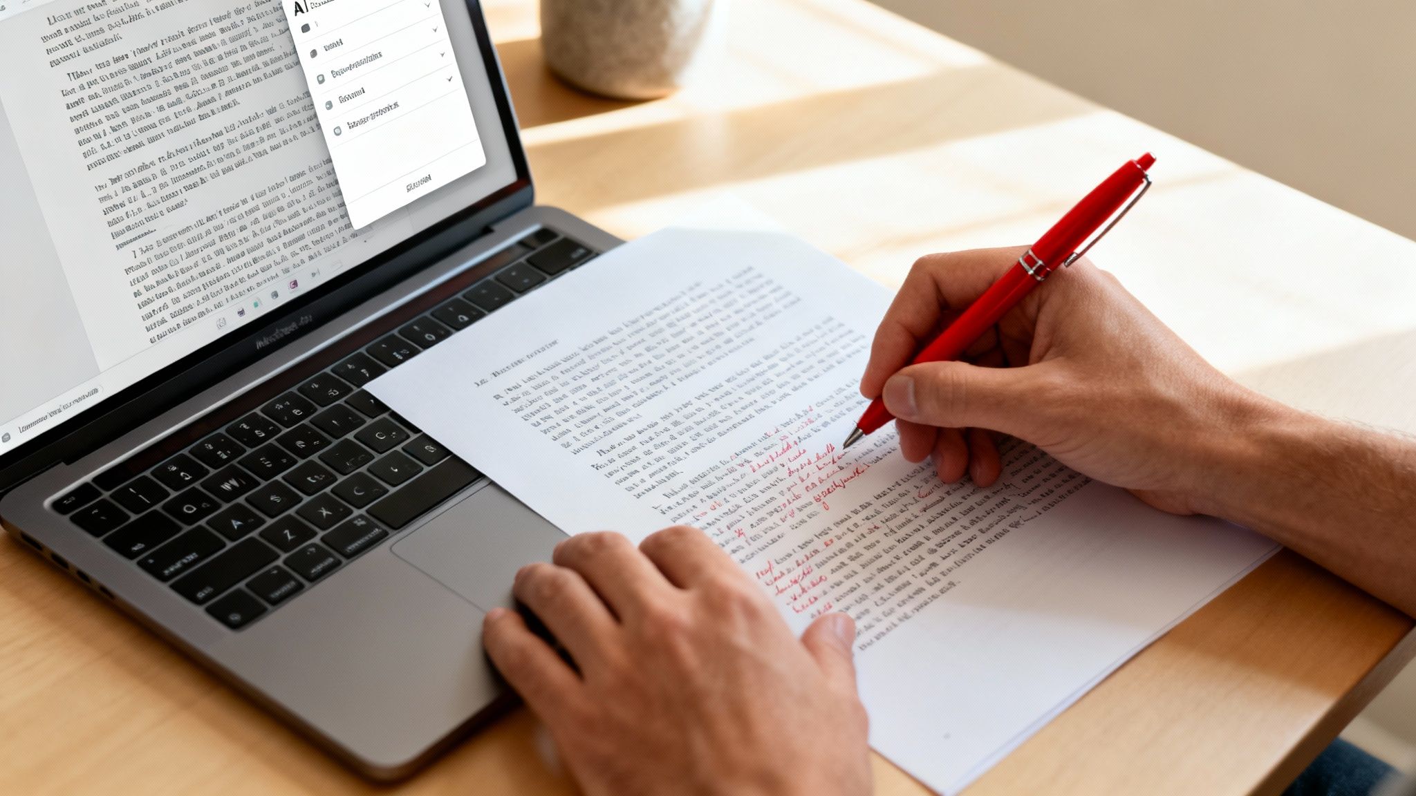 A person's hands editing a document with a red pen while a laptop displays the content.