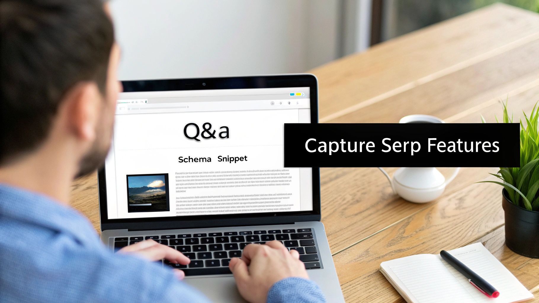 Person typing on a laptop, screen showing 'Capture Serp Features' and 'Schema Snippet'.