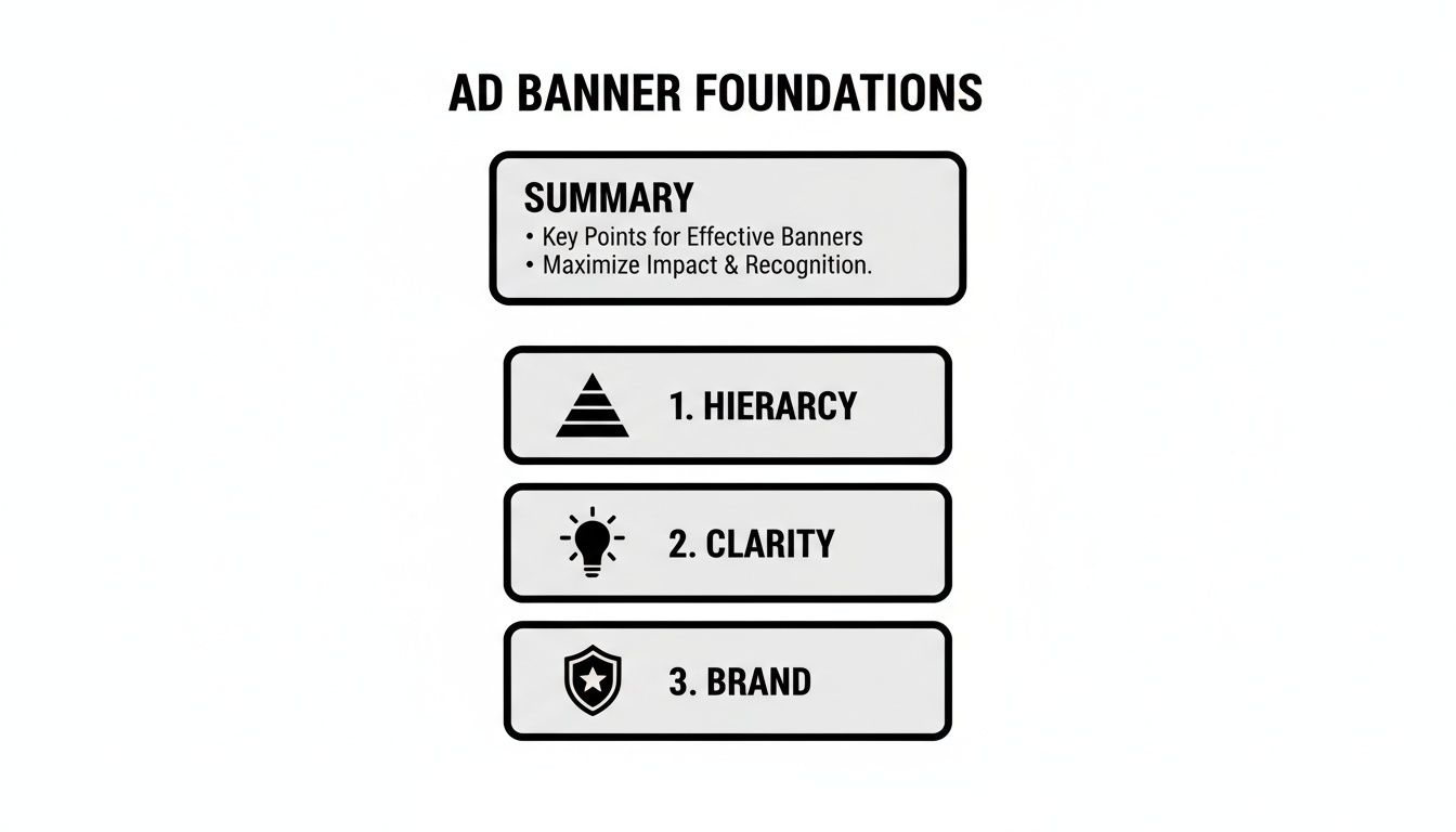 An infographic detailing ad banner foundations: summary, hierarchy, clarity, and brand principles for effective design.