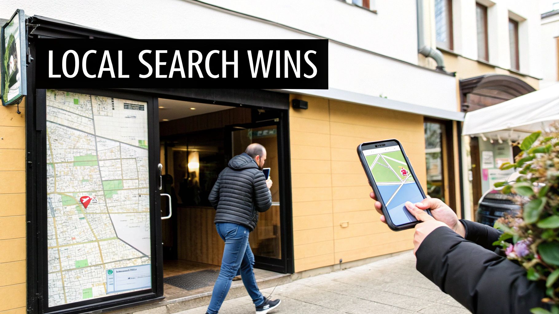 A person uses a smartphone map to navigate to a local business, highlighted by a banner reading 'LOCAL SEARCH WINS'.