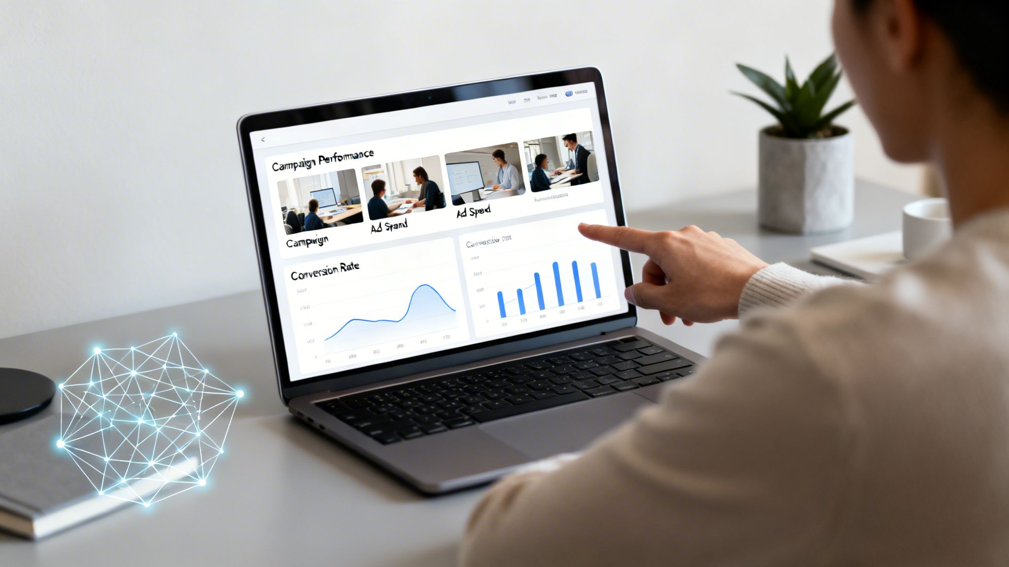 A person analyzing digital marketing data on a laptop, with a glowing network graphic beside it.