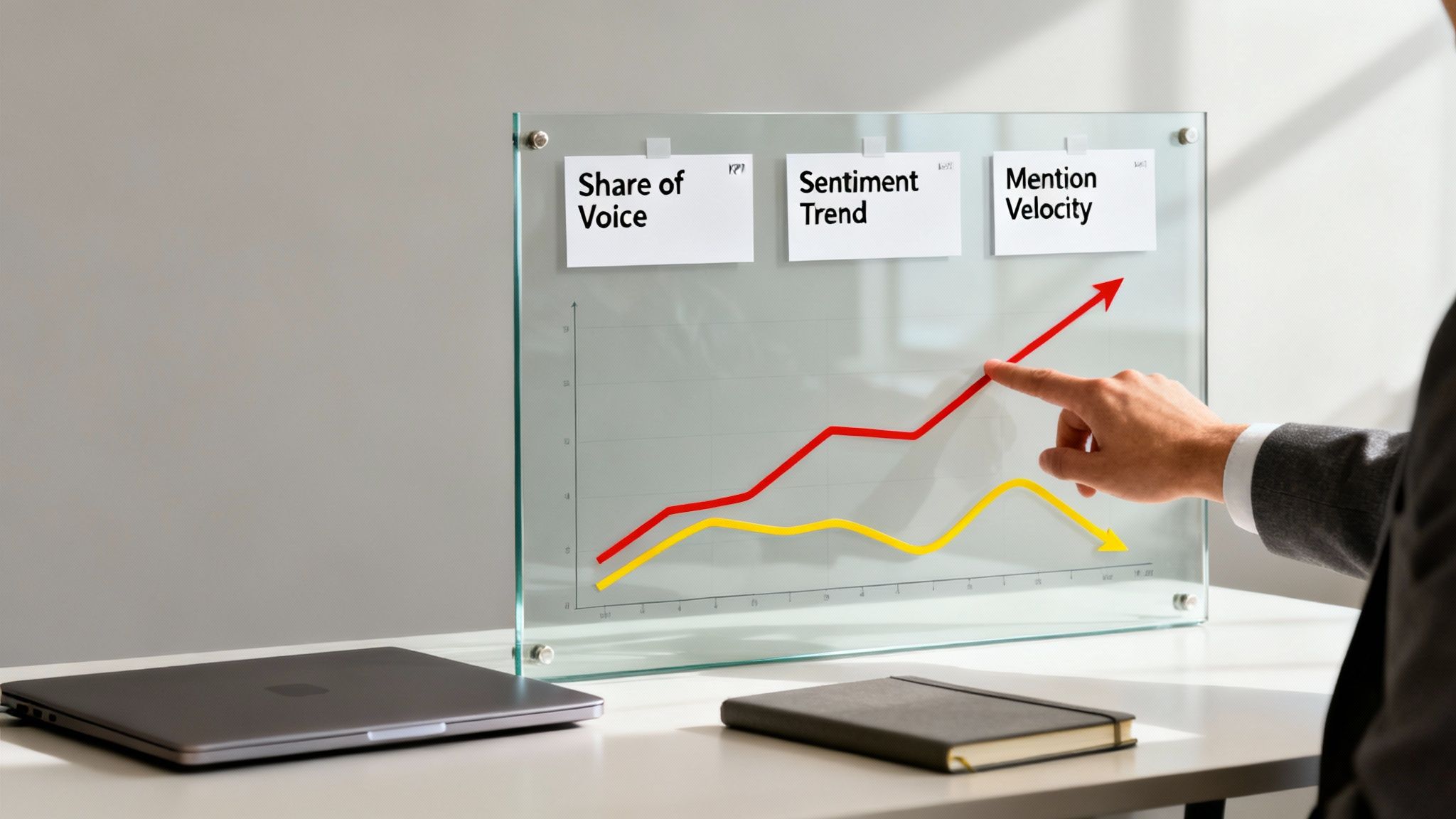 A person's hand points at a glass board displaying business metrics like Share of Voice and Sentiment Trend with graphs.