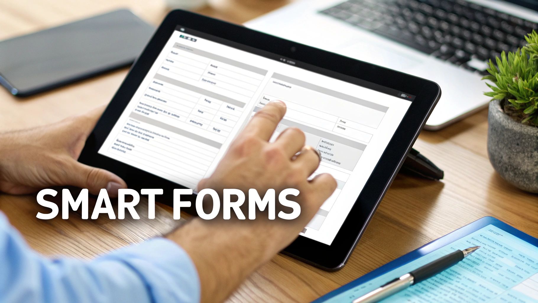 Hands interacting with a tablet displaying digital 'Smart Forms' on a wooden desk with a laptop.