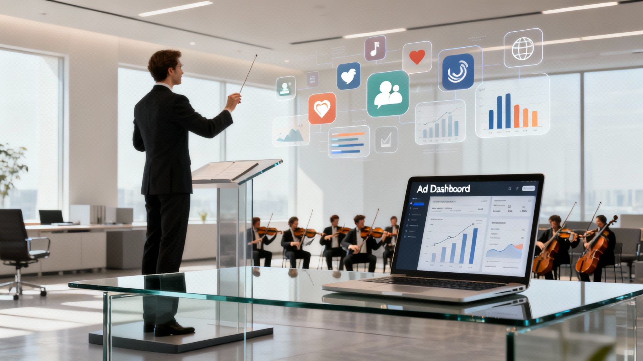 Man conducting holographic social media icons and data charts, with an orchestra and laptop ad dashboard.