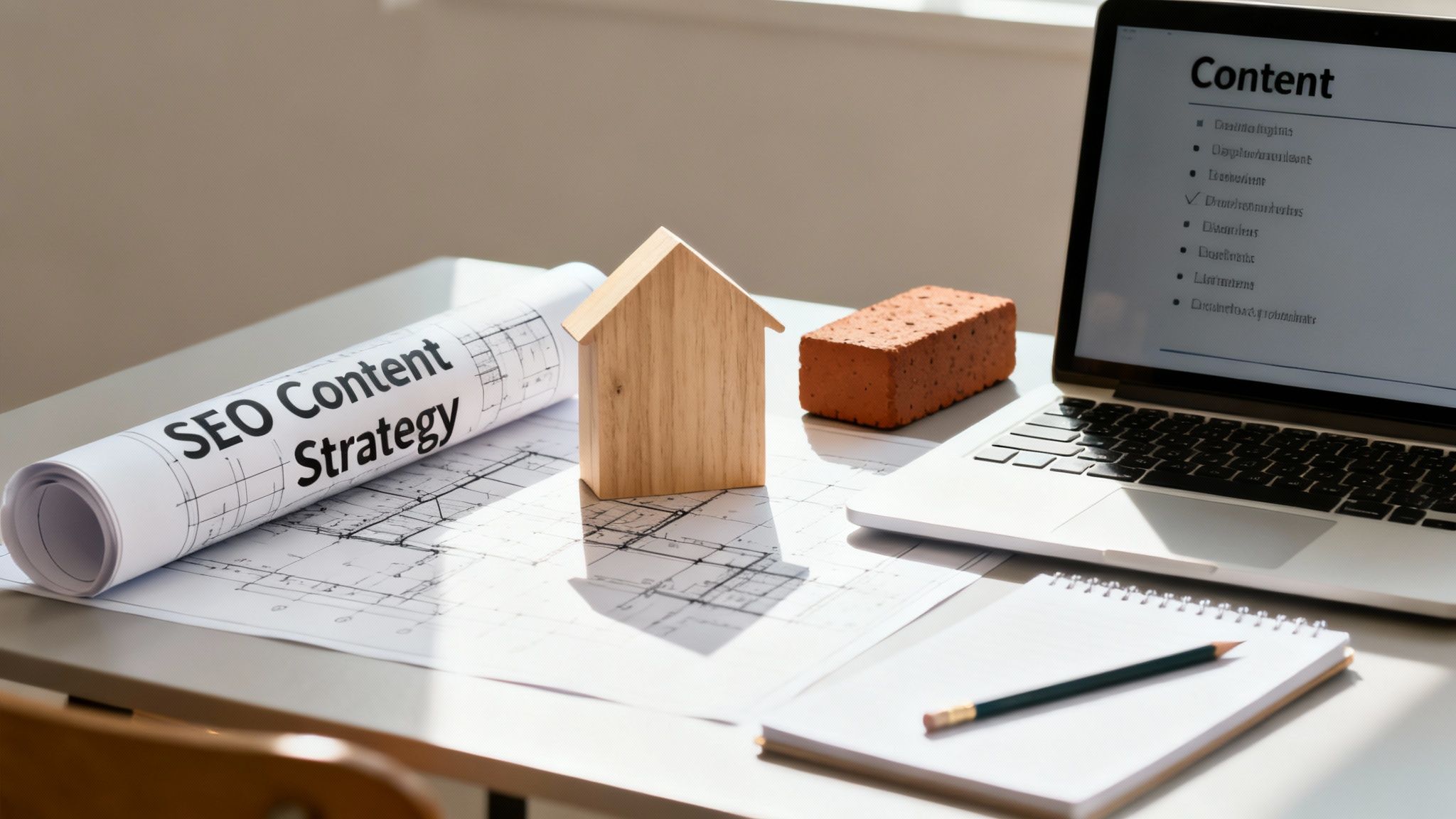 Desk setup with 'SEO Content Strategy' document, a wooden house, brick, laptop showing content, and notepad.