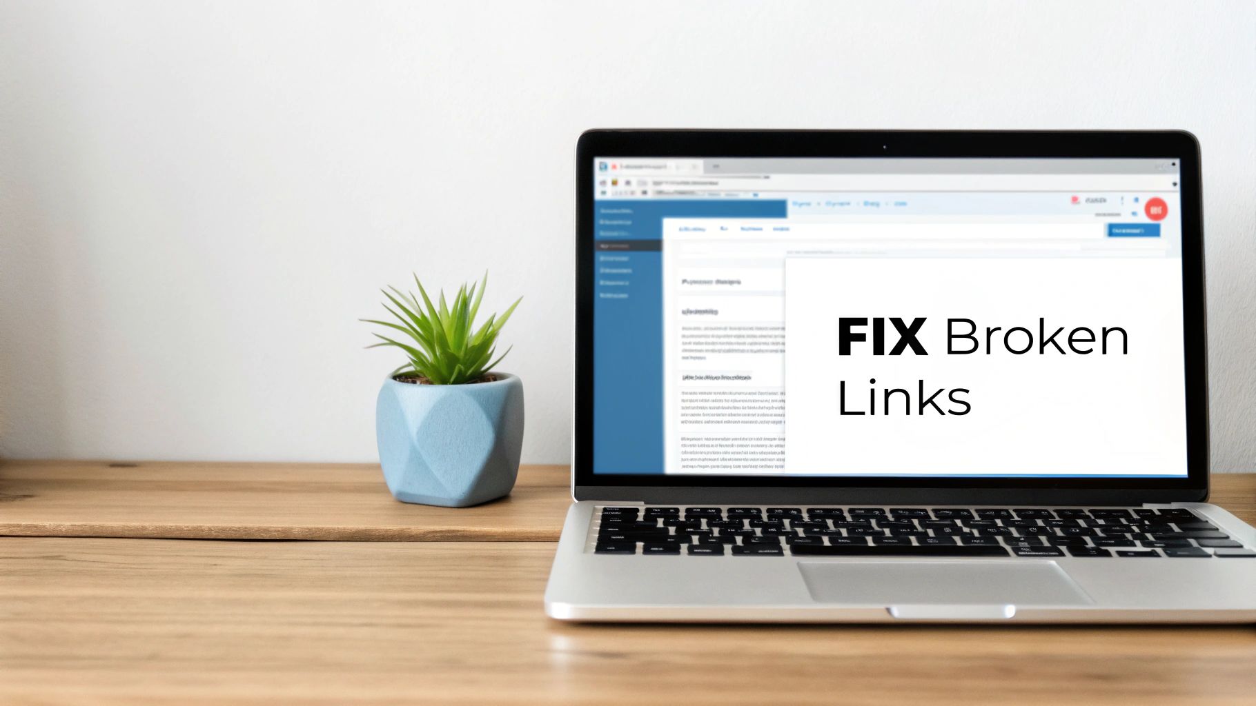 A silver laptop displaying 'FIX Broken Links' on its screen, next to a small green plant in a blue pot, on a wooden desk.