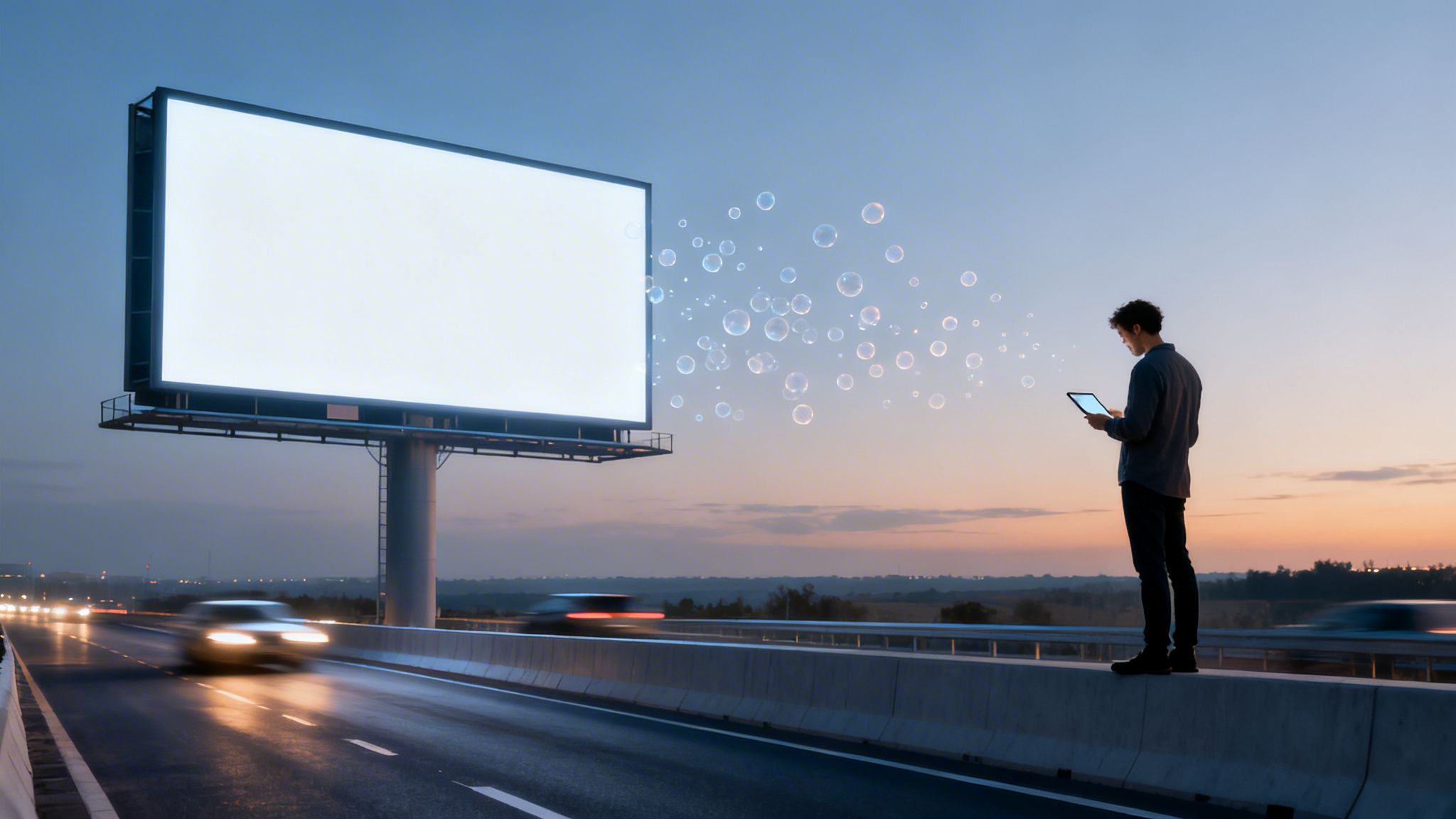 Man uses tablet with bubbles flowing to a blank billboard above a highway at dusk.