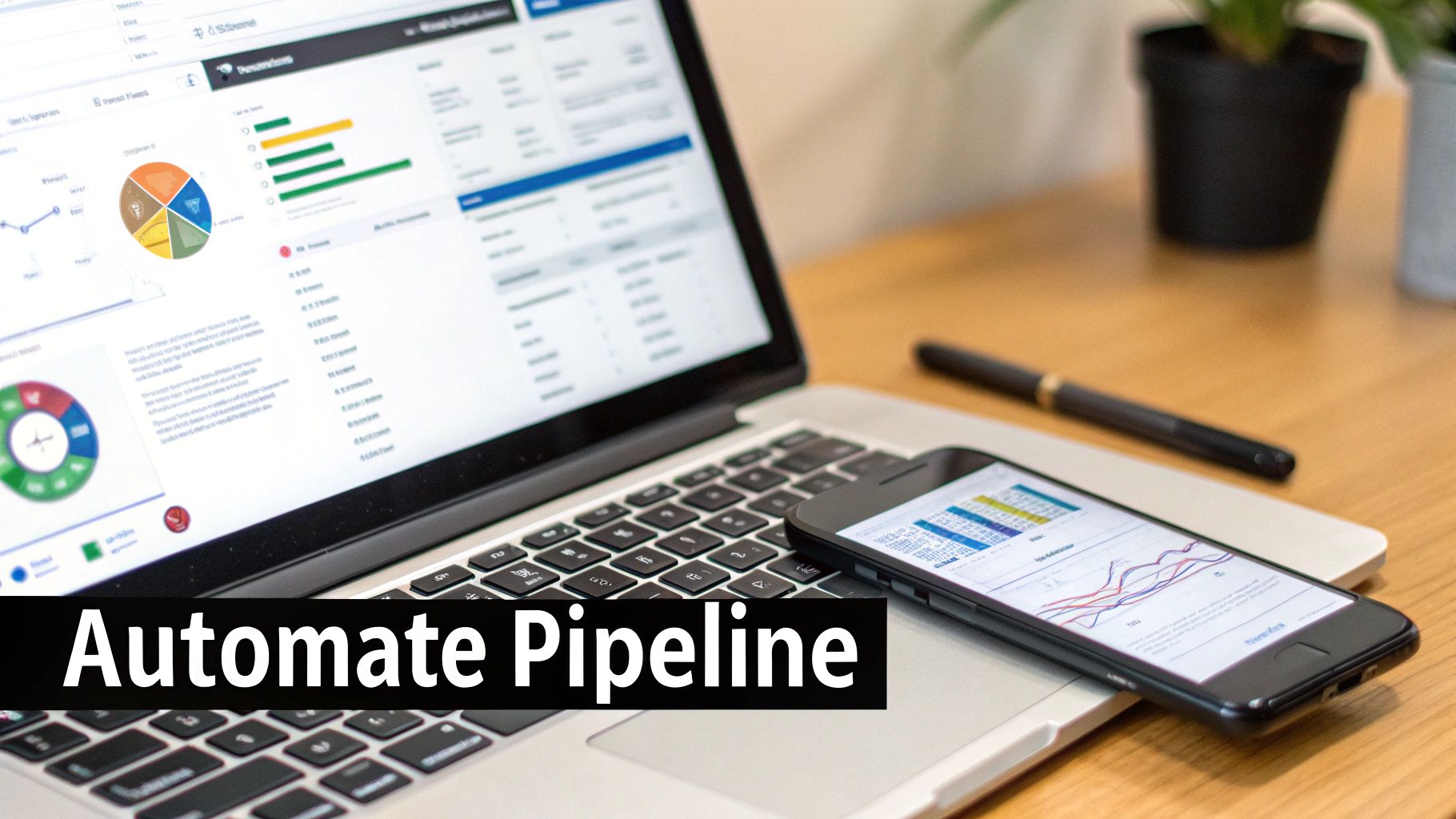Laptop and smartphone display business analytics dashboards with charts and graphs on a wooden desk.
