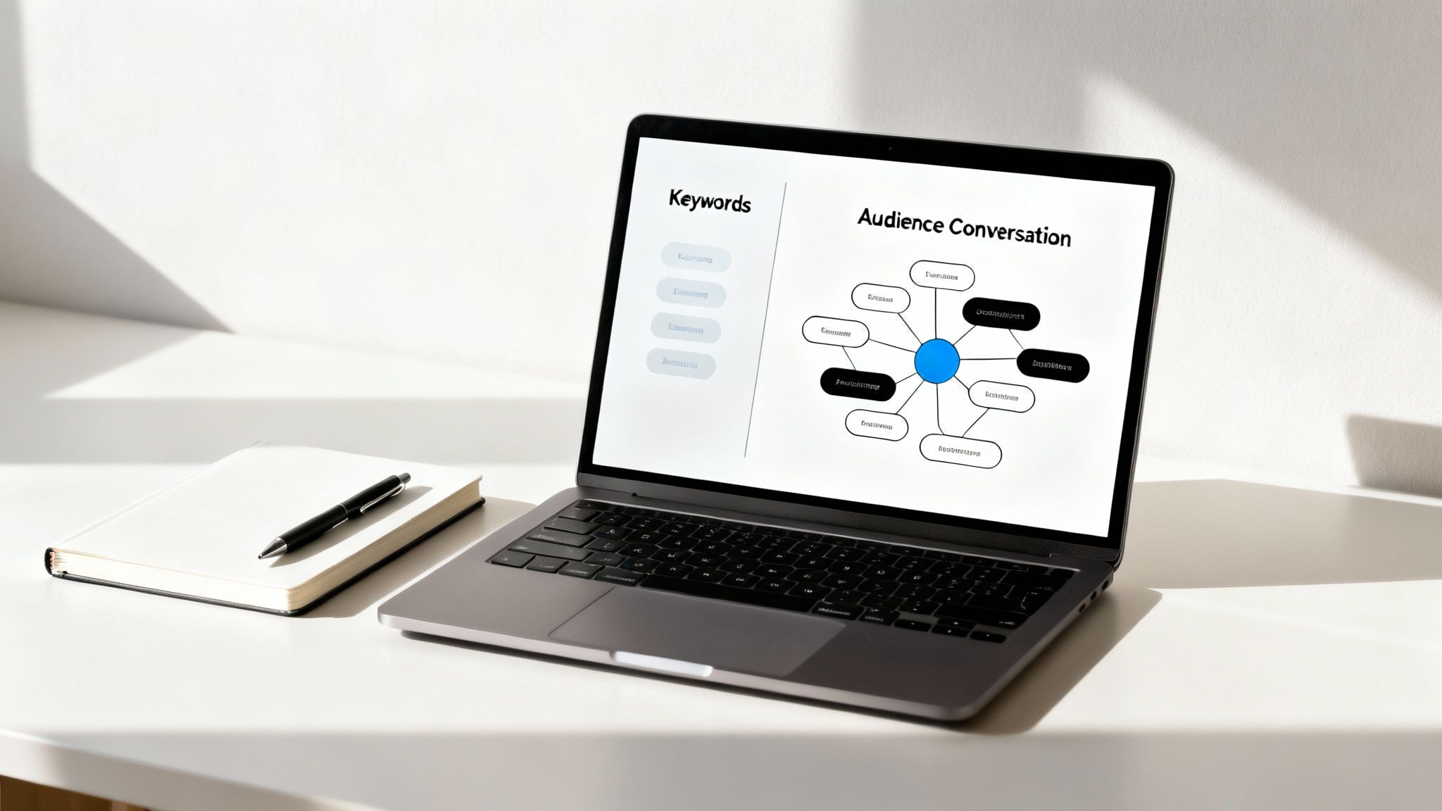 A laptop on a white desk displays a mind map for audience conversation and keywords analysis.