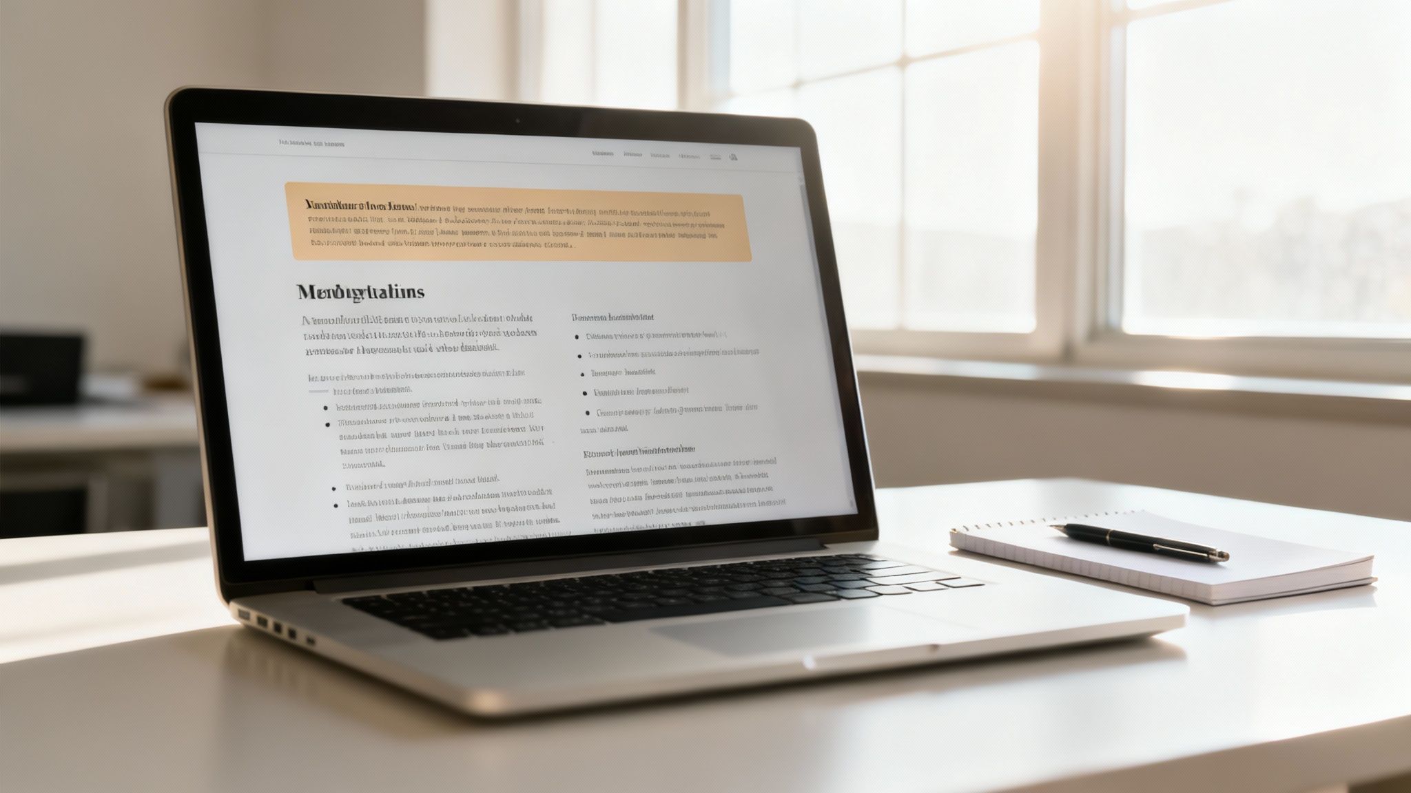 A laptop displaying text on a white desk, next to a notebook and pen, with a bright window in the background.
