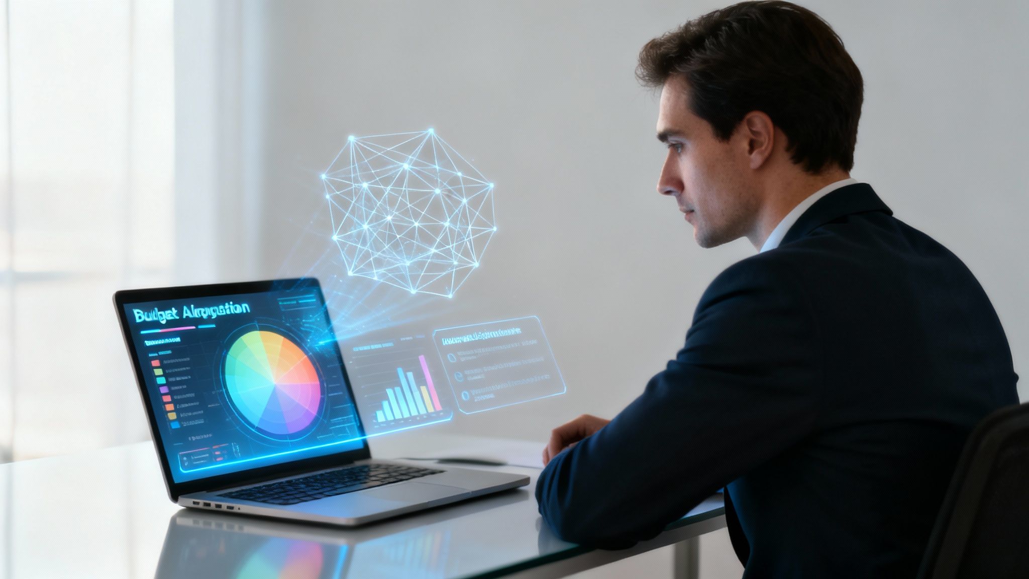Businessman analyzing futuristic holographic budget data on a laptop in a modern office.
