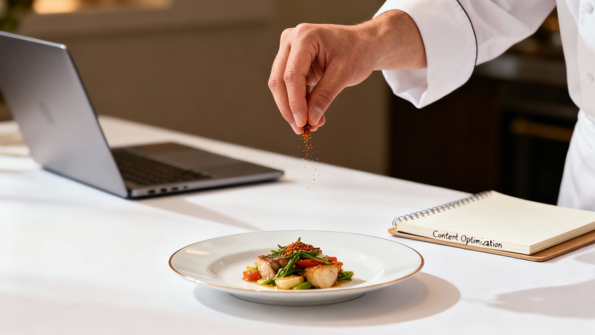 A chef sprinkles spices on a gourmet dish next to a laptop and a notebook labeled 'Content Optimization'.