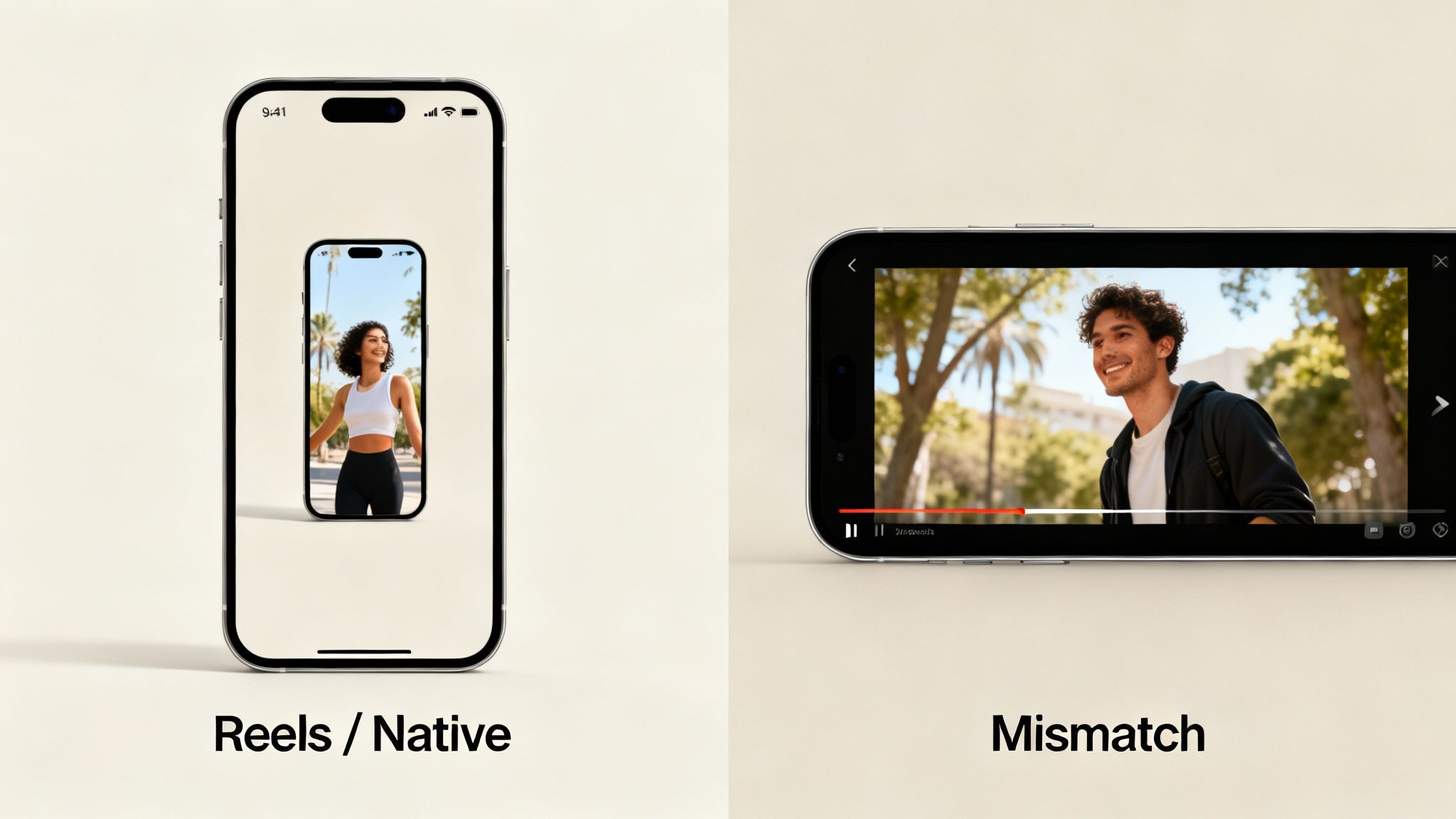 Two iPhones demonstrating optimal vertical content versus horizontal video playback with black bars.