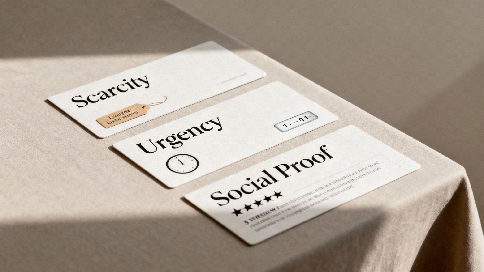 Three cards illustrating marketing principles: scarcity, urgency, and social proof, on a fabric surface.
