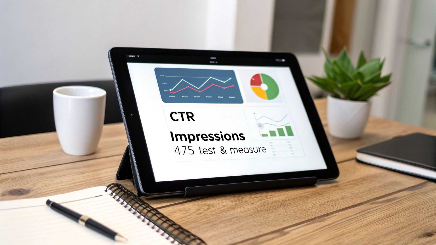 A tablet displaying marketing analytics charts and text "CTR Impressions" on a wooden desk with a mug and notebook.