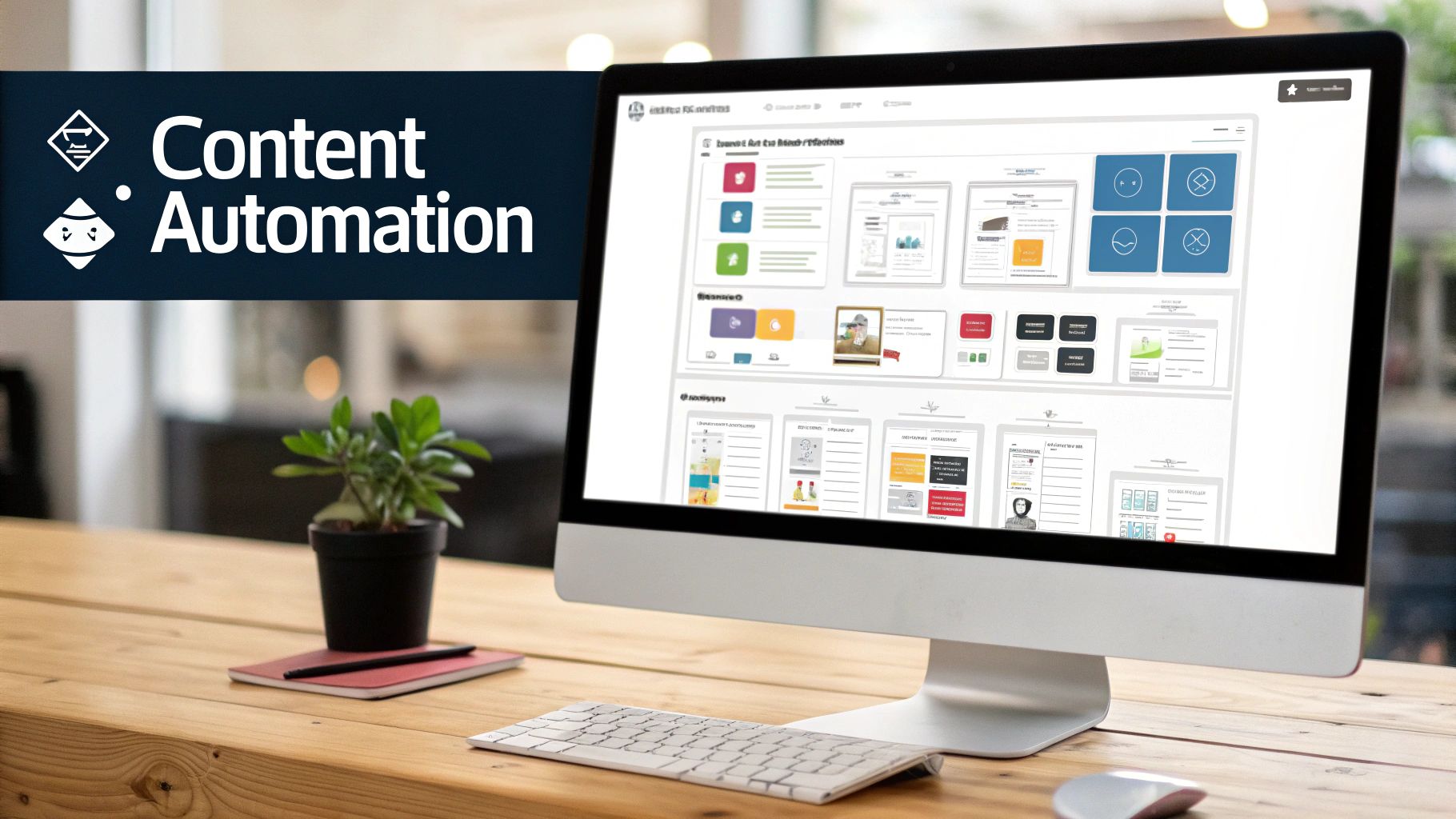 A computer monitor displays content automation software on a wooden desk with a plant and keyboard.