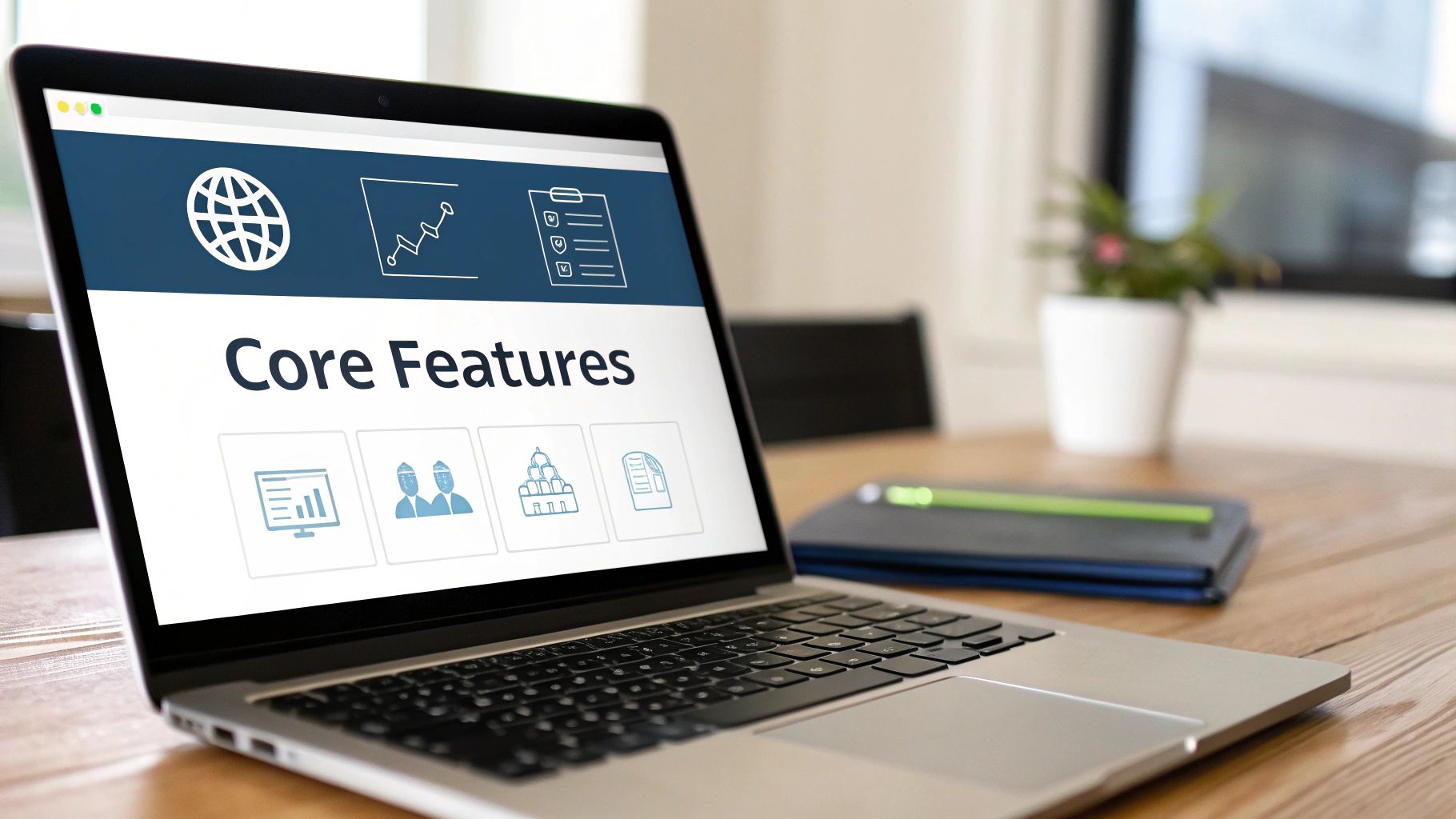 A laptop on a wooden desk displays "Core Features" and several business-related icons.