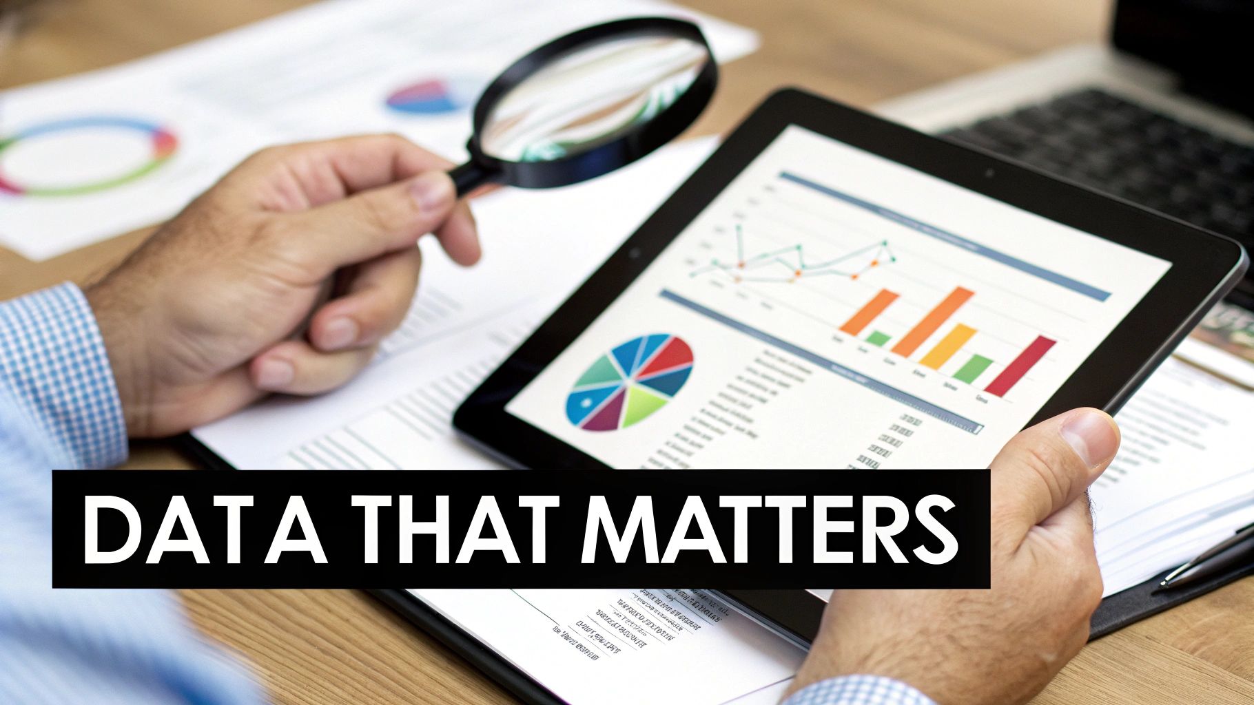 A person analyzes data on a tablet and paper with a magnifying glass, emphasizing important insights.