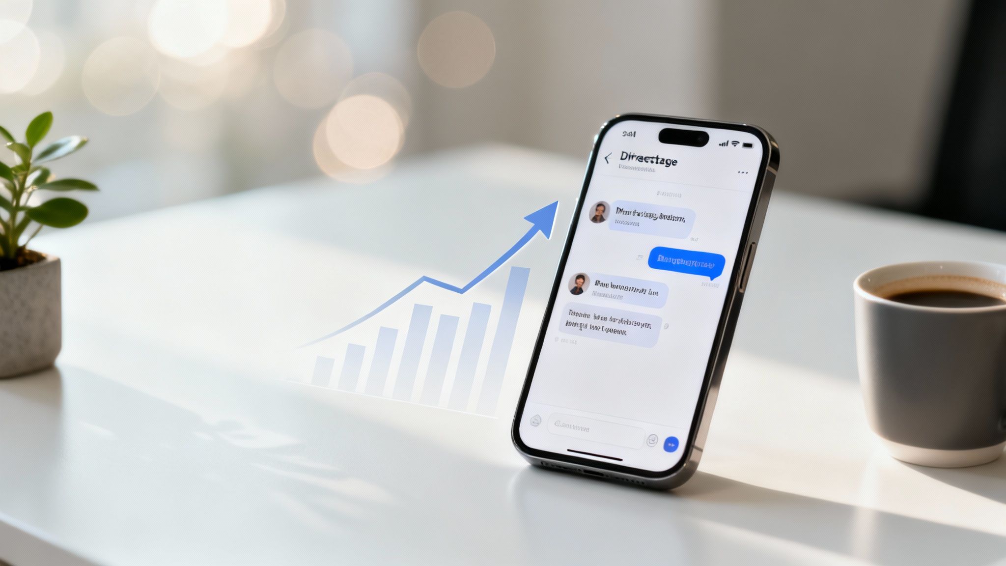 A smartphone displaying direct messages, overlaid with a glowing blue upward-trending growth graph.