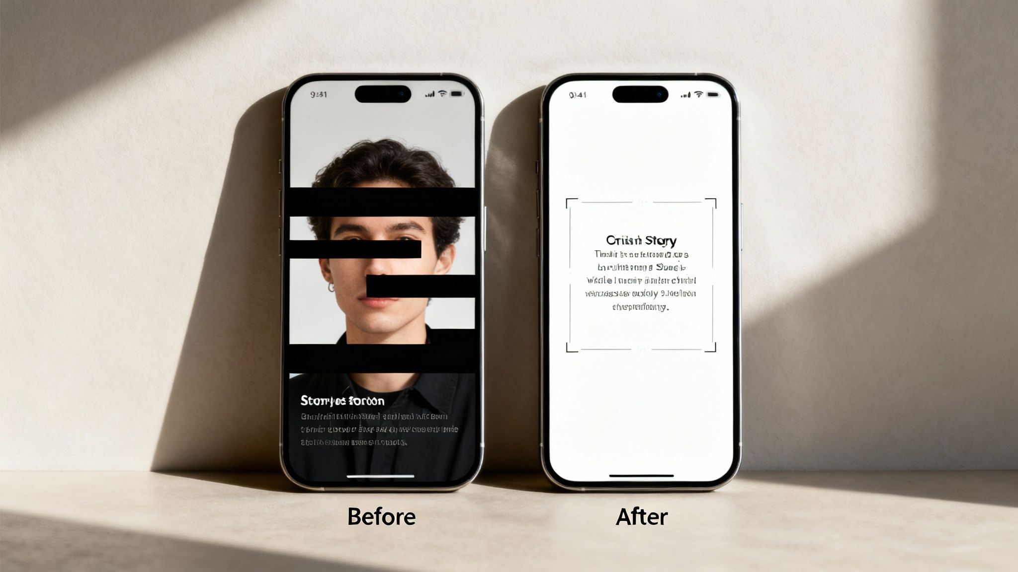 Two iPhones showing 'Before' with a partially obscured face and 'After' with a clean text story layout.