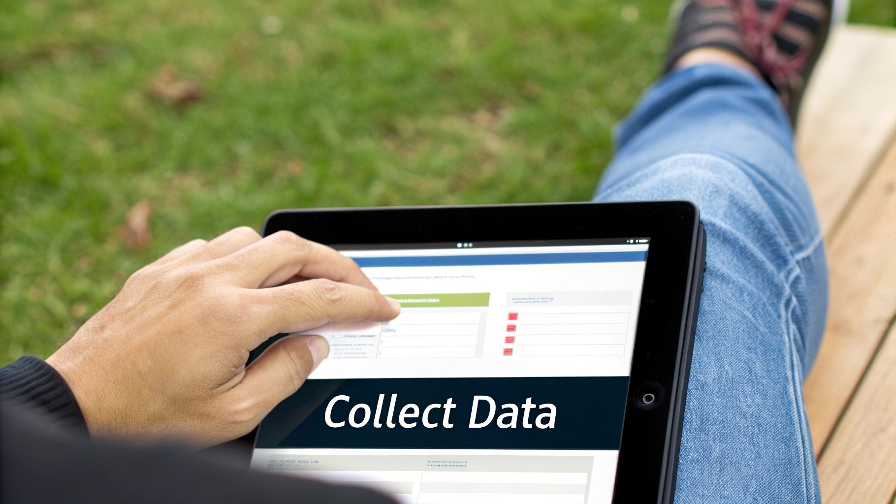 A person outdoors using a tablet with a hand touching the screen showing 'Collect Data'.