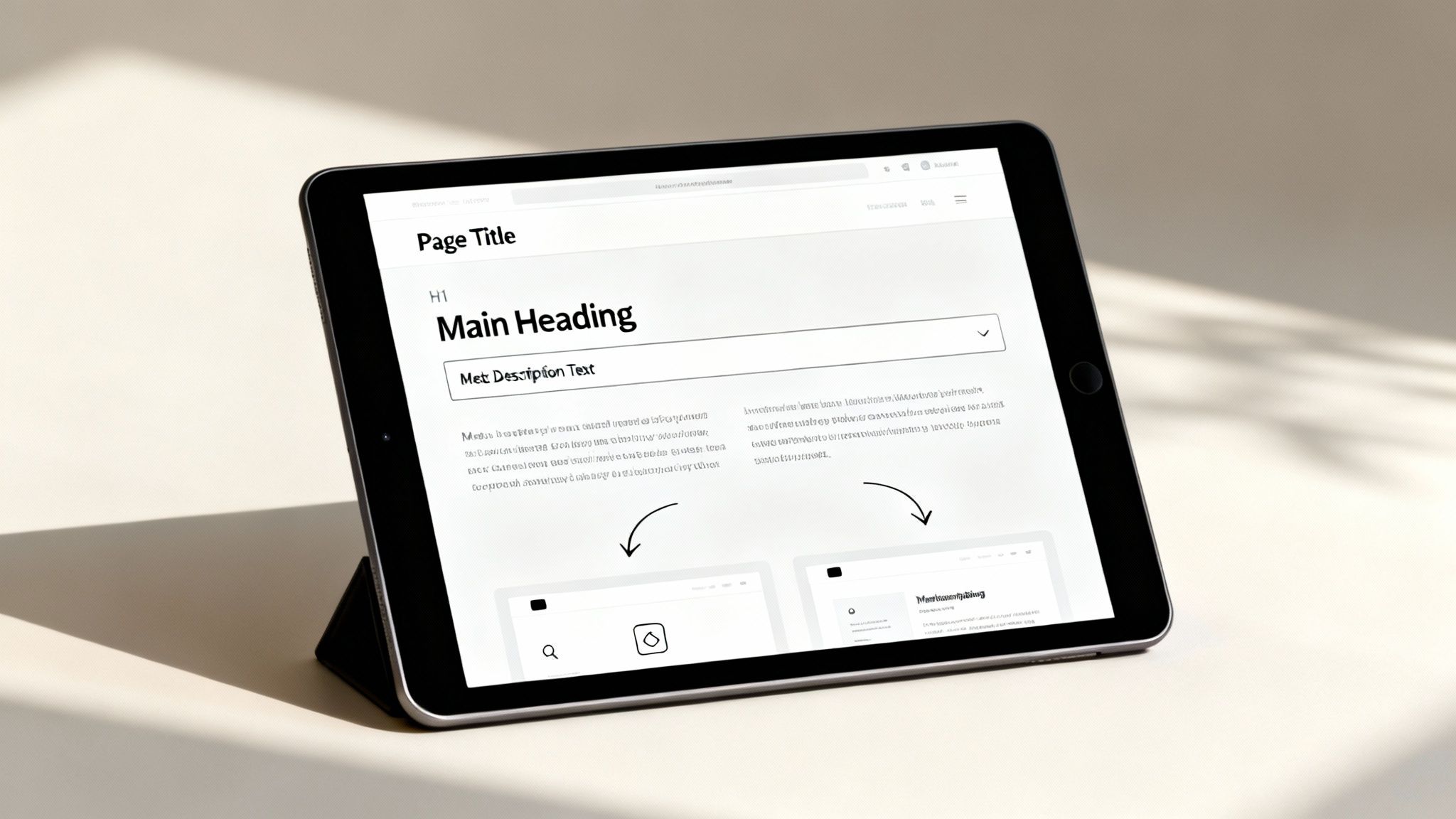 A tablet displays a website's SEO content editing interface with main heading, meta description, and layout options.