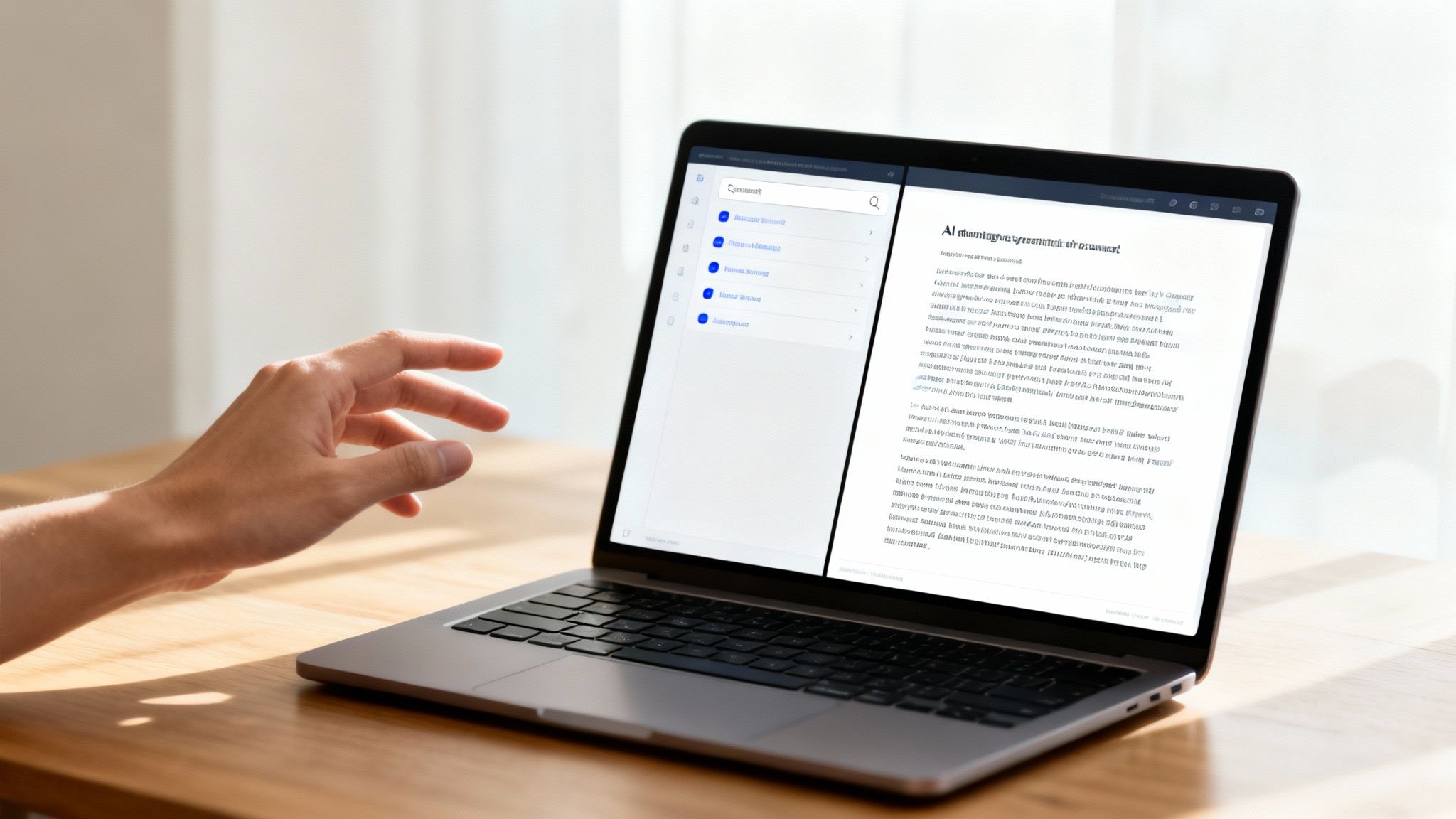 A person's hand reaches for a laptop displaying AI-generated content on a white and wooden desk.