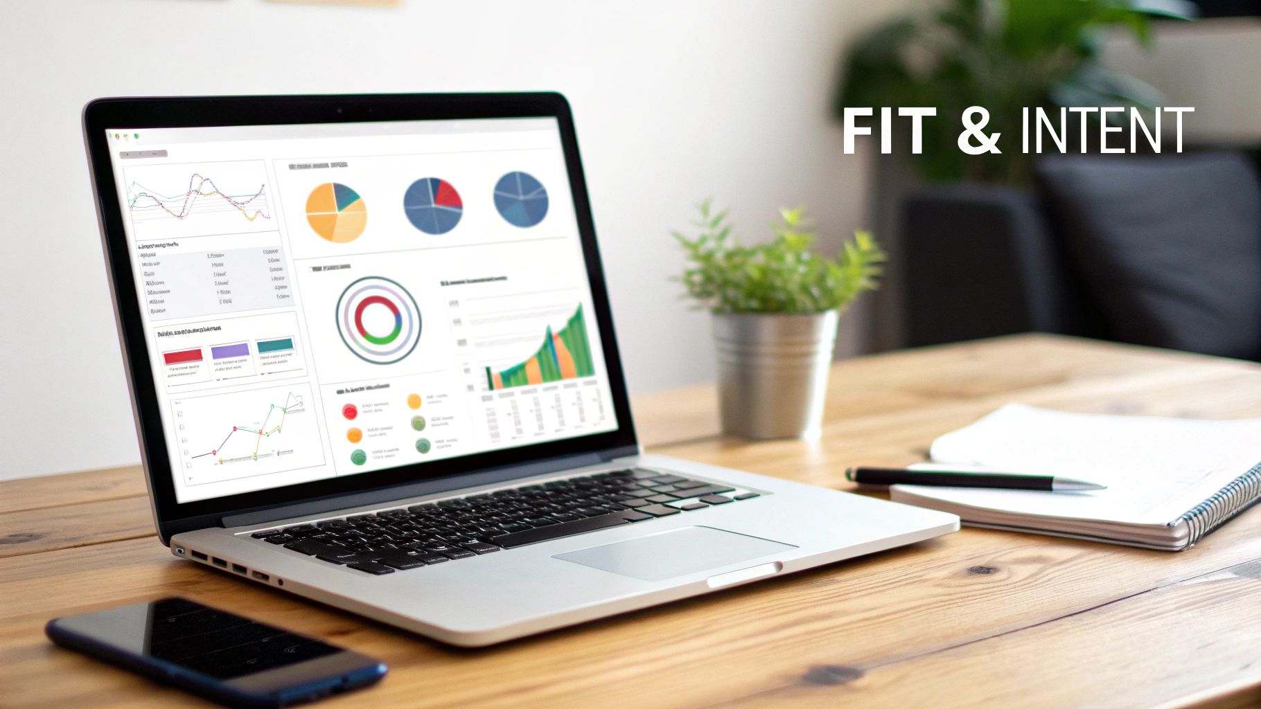 Laptop displays colorful business analytics dashboards on a wooden desk with a smartphone and plant.