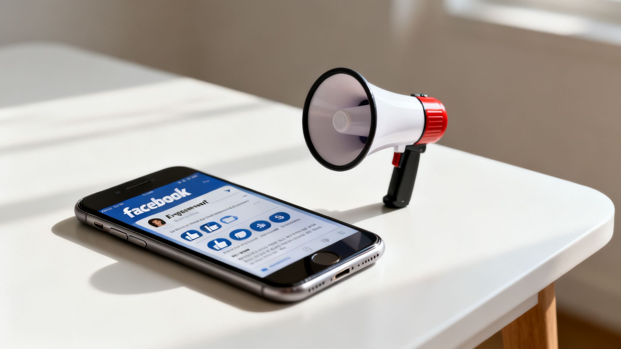 A smartphone displaying a Facebook 'Engagement' post lies next to a megaphone on a white table.