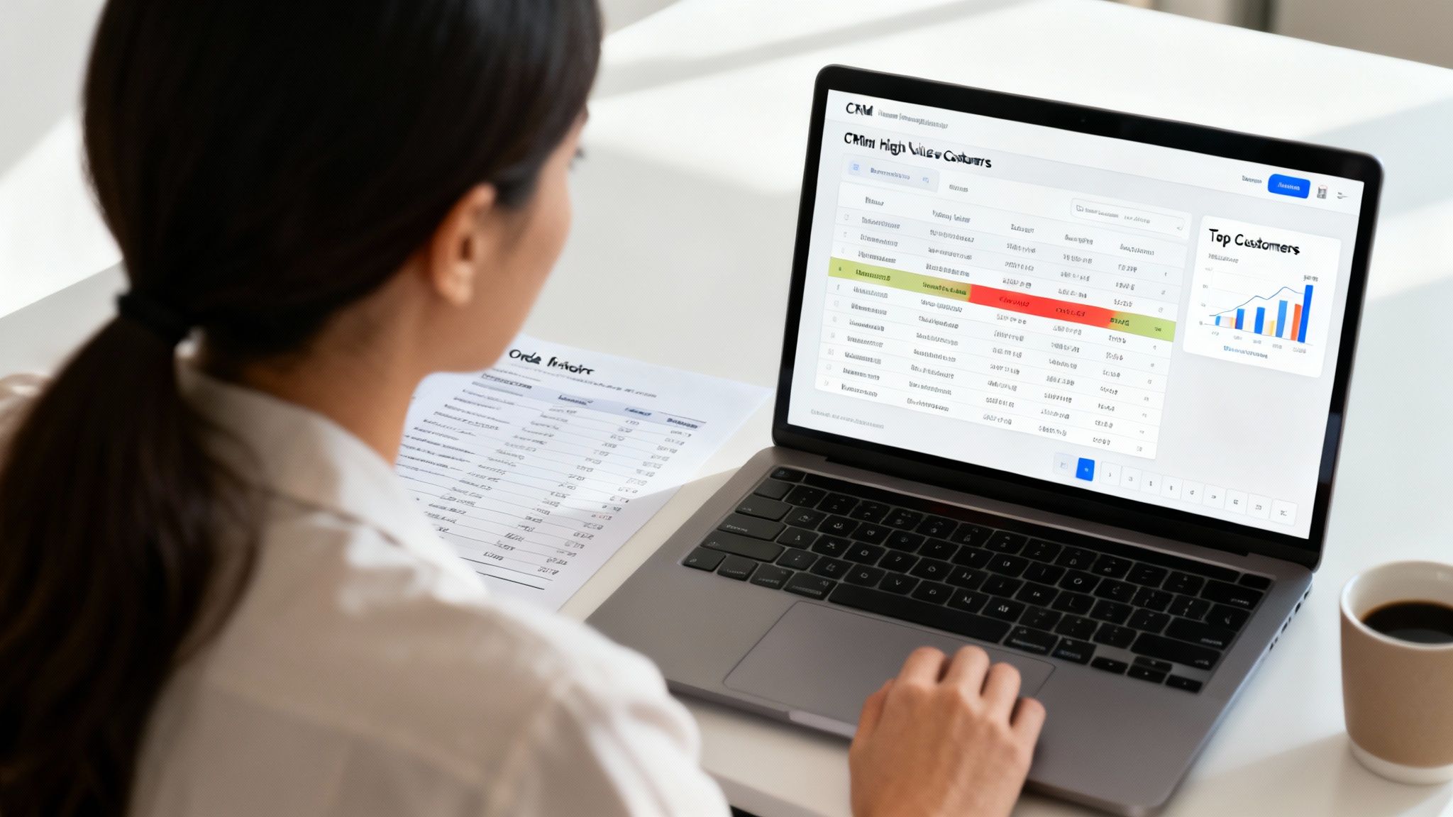 A person analyzing customer data on a laptop and a document, managing high-value clients.