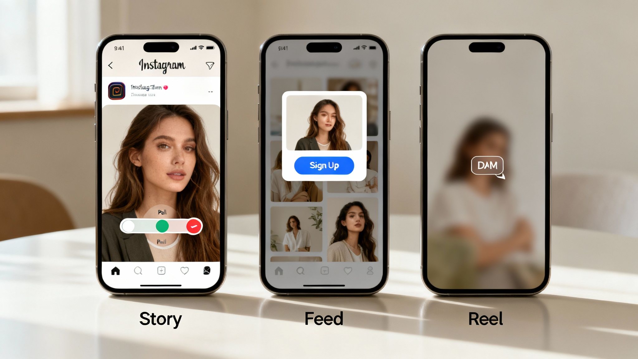Three iPhones displaying Instagram Story, Feed, and Reel content for lead generation examples.