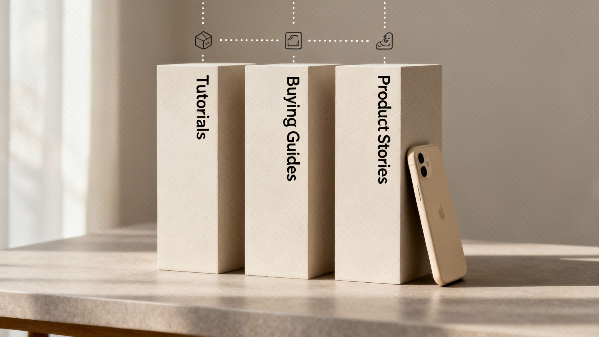 Three content pillars: Tutorials, Buying Guides, and Product Stories, with icons and a smartphone, representing an e-commerce content strategy.