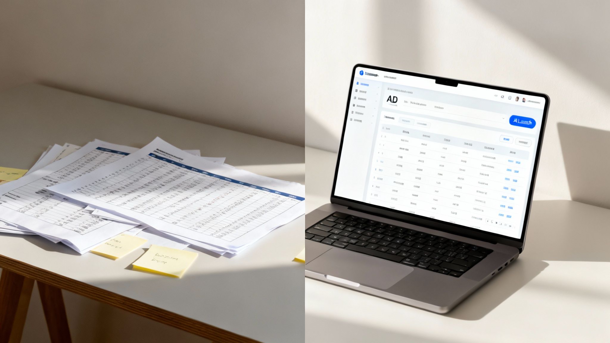 A split image contrasting a pile of paper documents with a laptop displaying a modern digital data management interface.