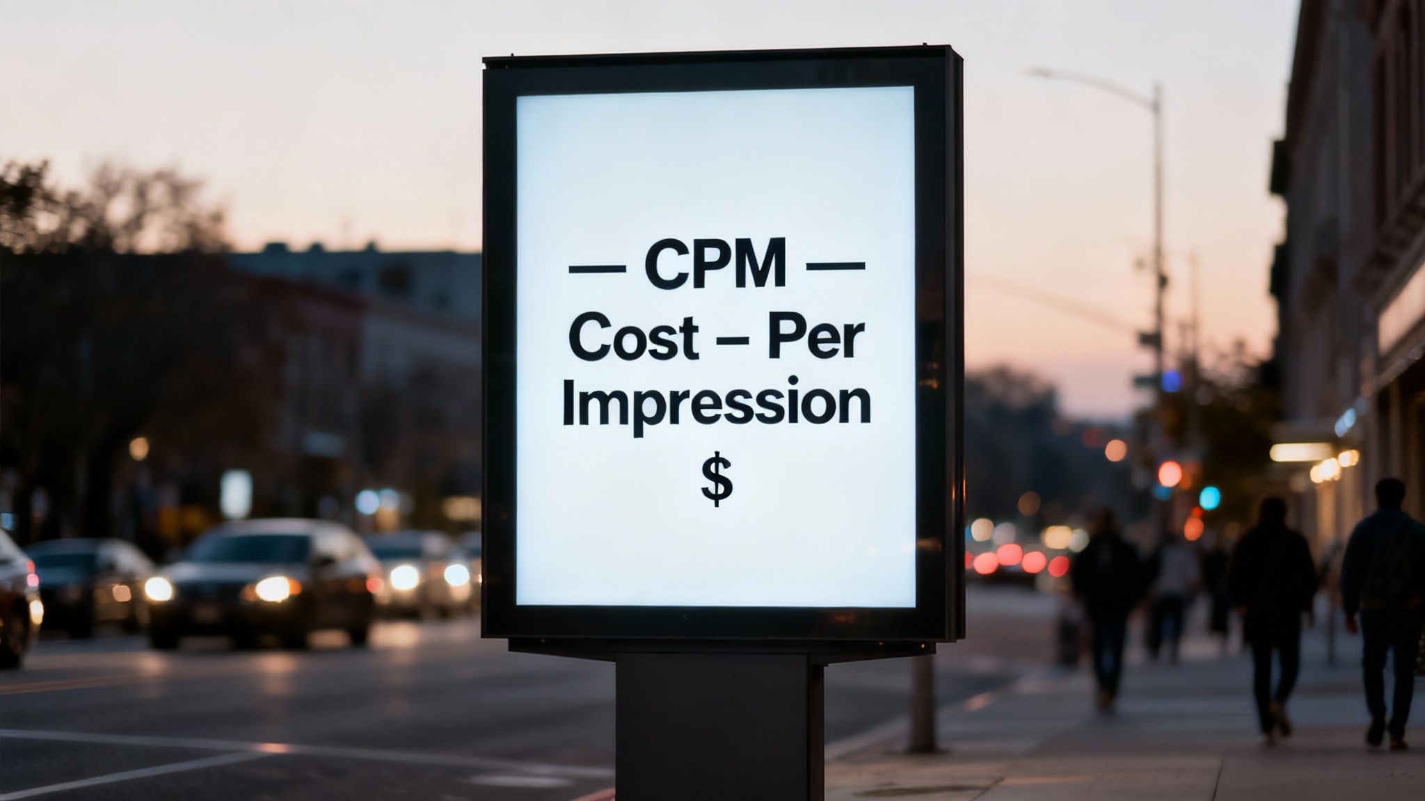A brightly lit digital billboard on a city street at twilight, displaying 'CPM - Cost - Per Impression $' with blurred traffic.