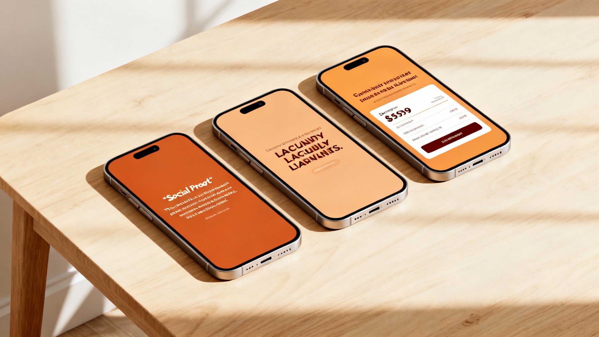 Three smartphones showcase various app screens, including social proof and pricing, on a wooden surface.