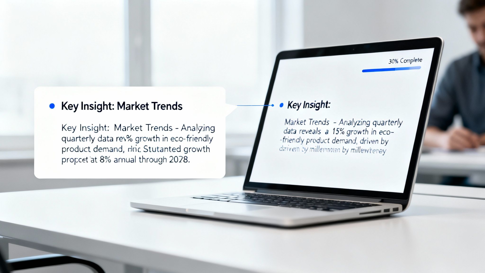 A laptop displays market trend insights and a progress bar, accompanied by a detailed text box on market analysis.