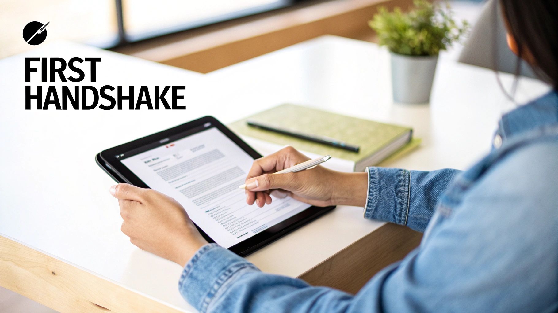 A person in a denim jacket signs a digital membership form on a tablet with a stylus.